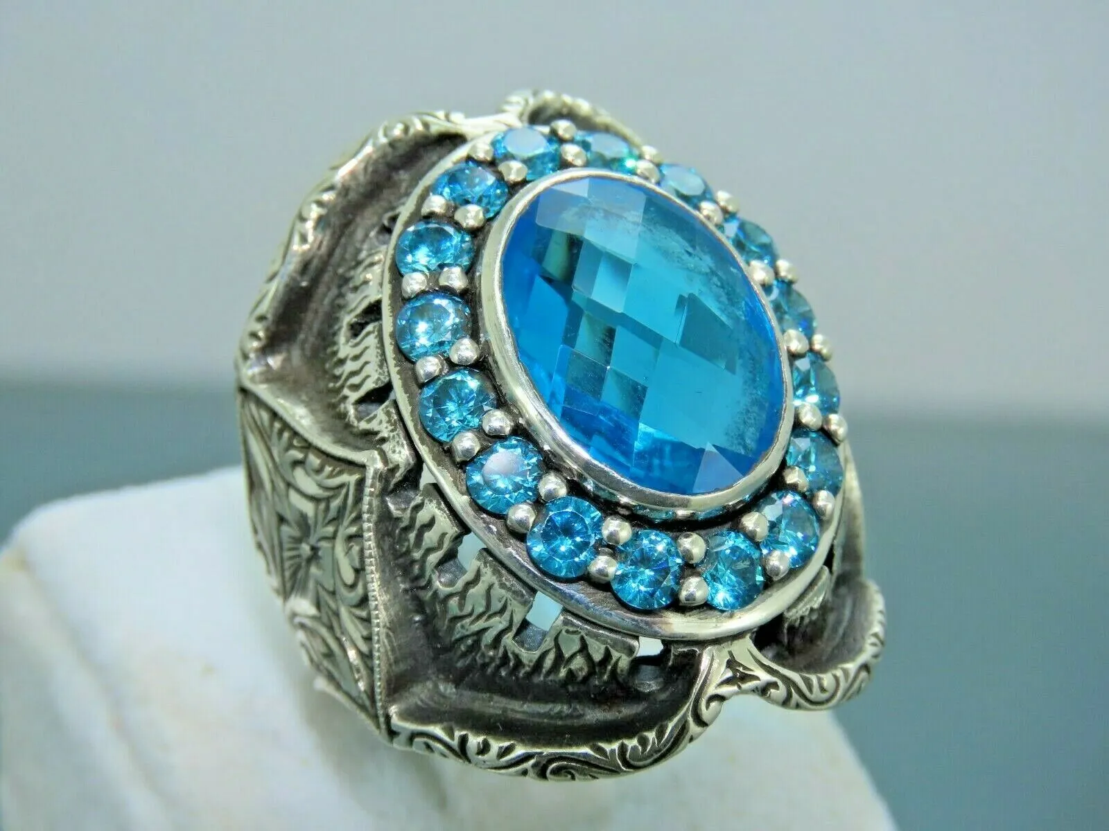 Turkish Handmade Jewelry 925 Sterling Silver Aquamarine Stone Mens Rings