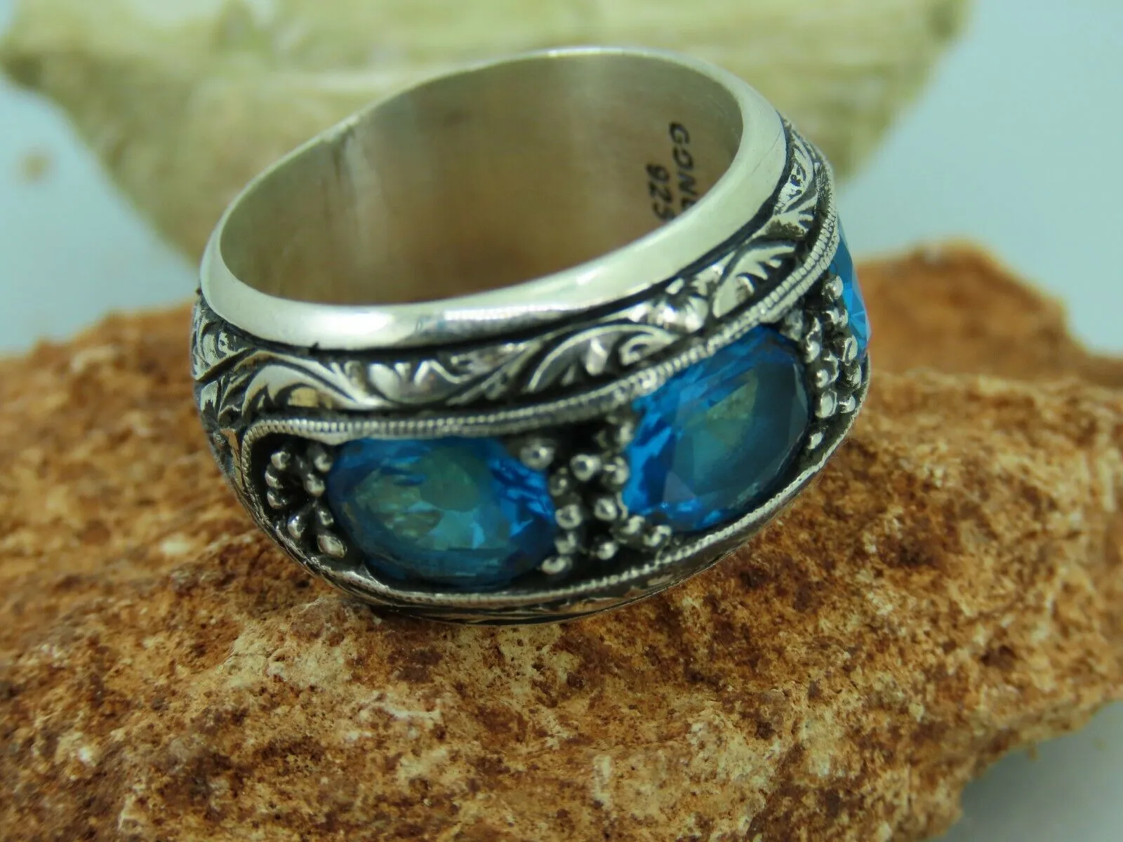 Turkish Handmade Jewelry 925 Sterling Silver Aquamarine Stone Men's Rings