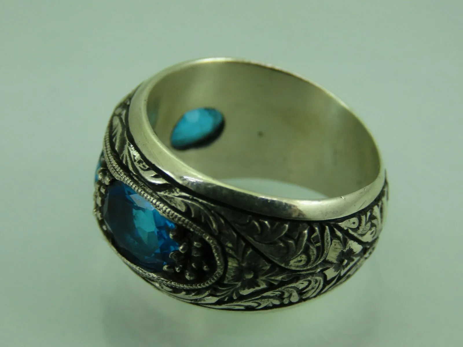 Turkish Handmade Jewelry 925 Sterling Silver Aquamarine Stone Men's Rings