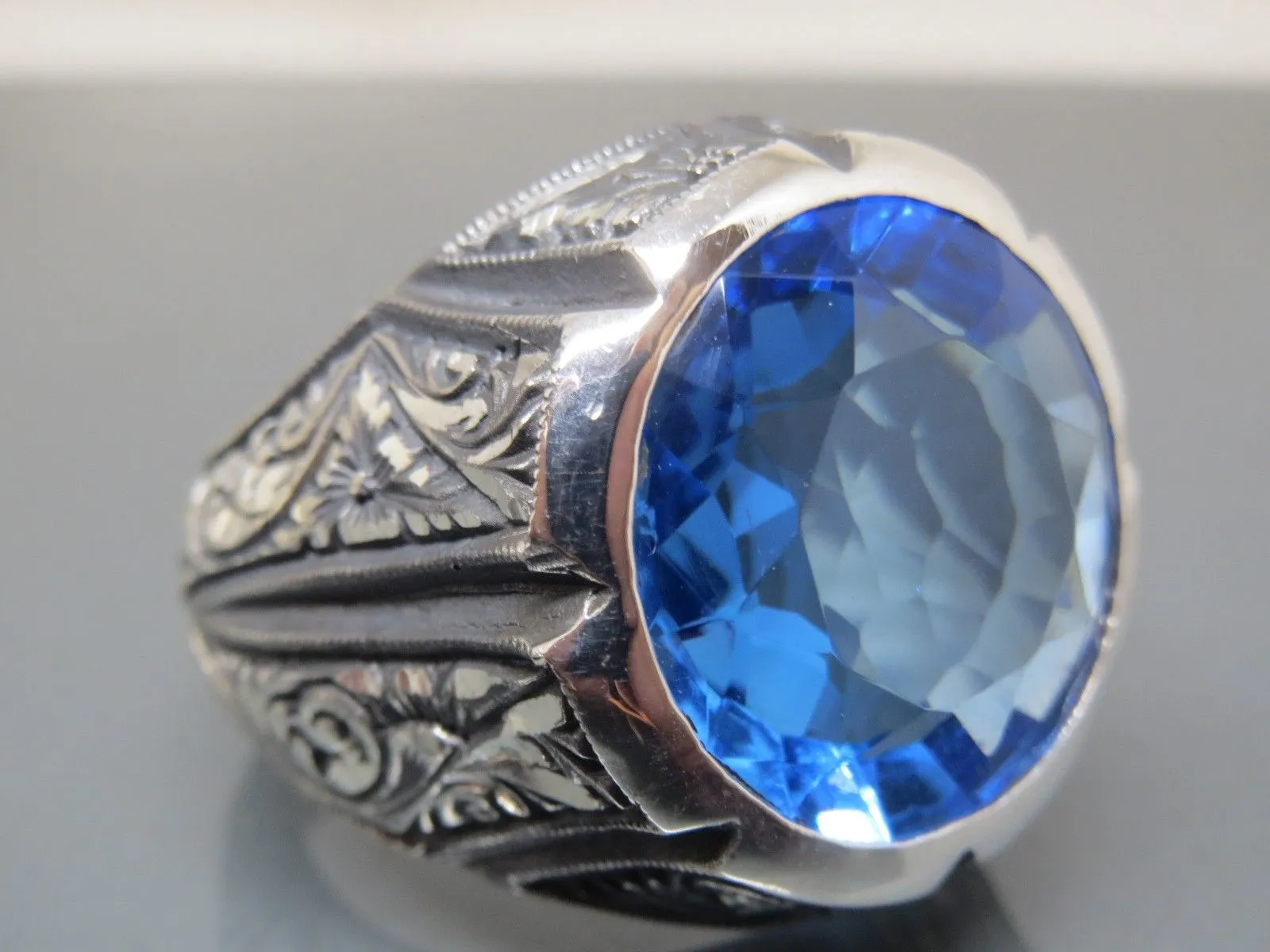 Turkish Handmade Jewelry 925 Sterling Silver Aquamarine Stone Mens Rings