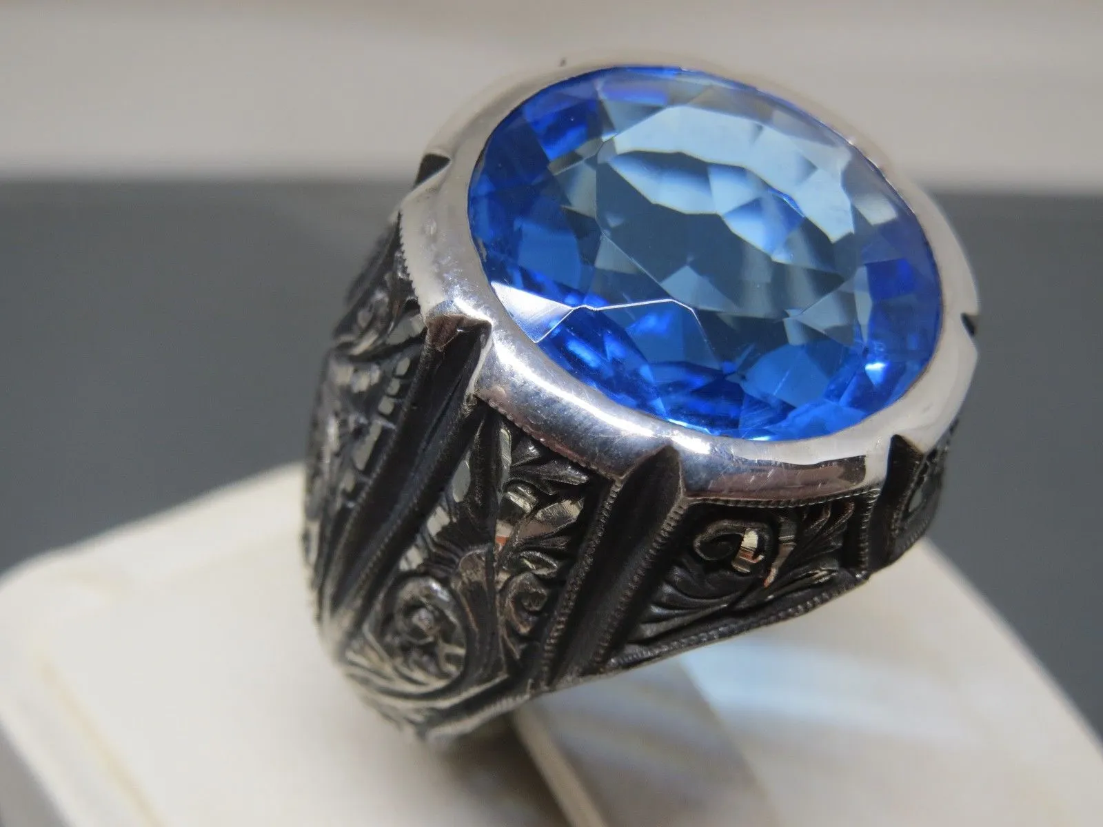 Turkish Handmade Jewelry 925 Sterling Silver Aquamarine Stone Mens Rings