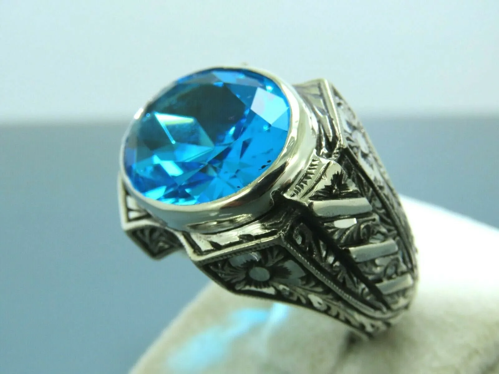 Turkish Handmade Jewelry 925 Sterling Silver Aquamarine Stone Mens Rings