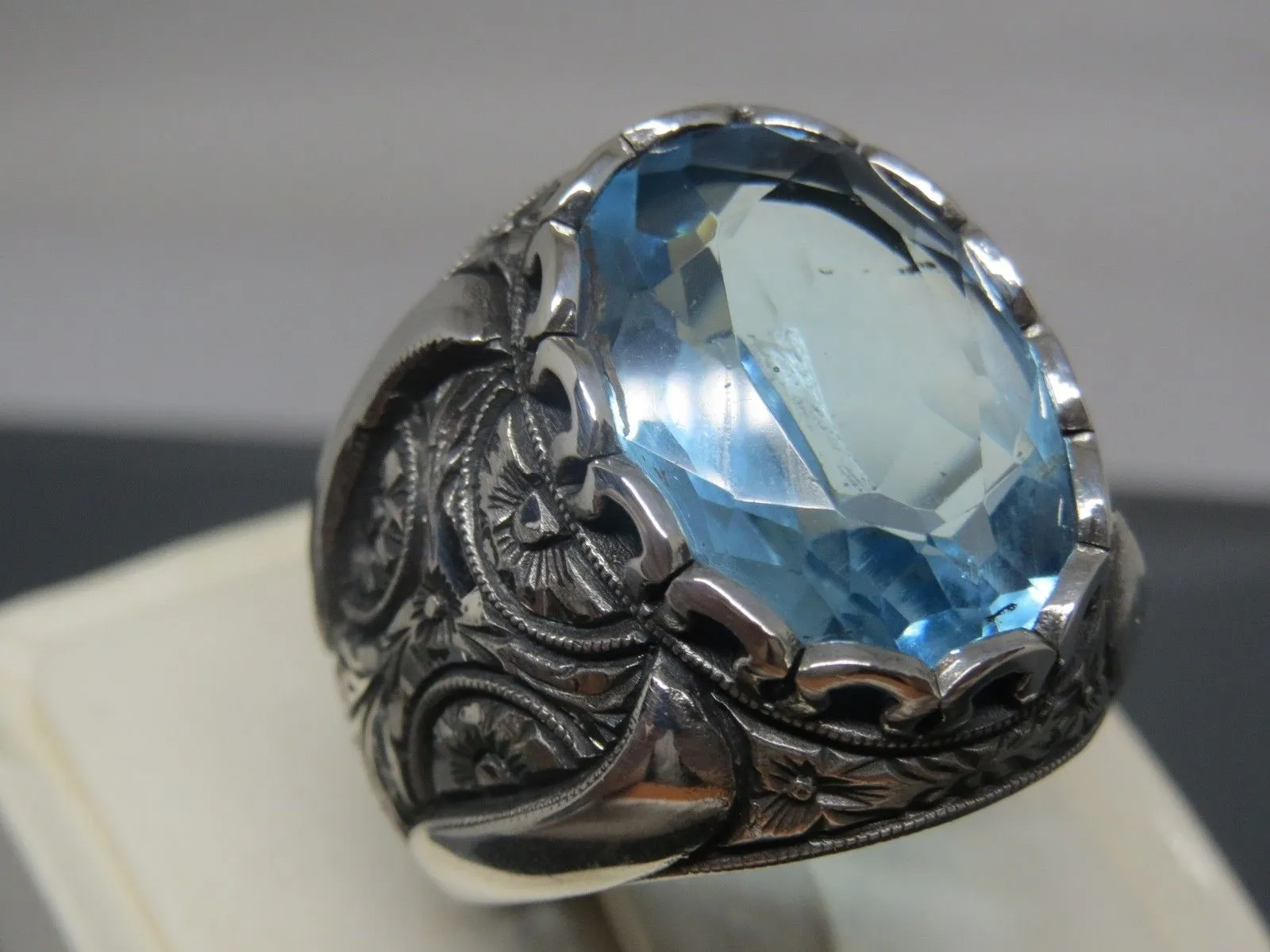 Turkish Handmade Jewelry 925 Sterling Silver Aquamarine Stone Mens Rings