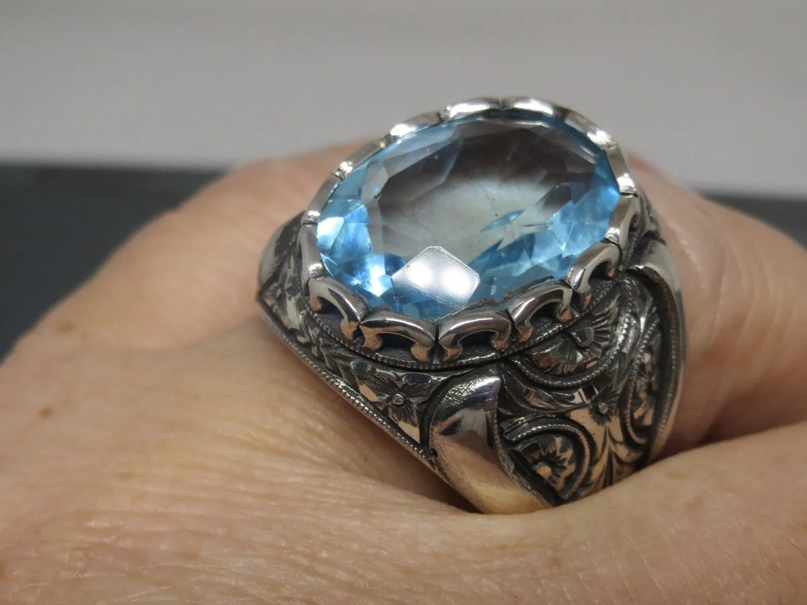 Turkish Handmade Jewelry 925 Sterling Silver Aquamarine Stone Mens Rings