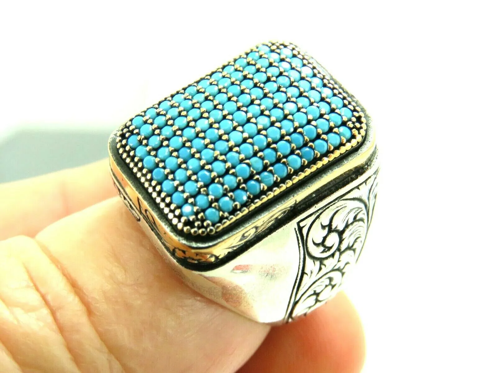 Turkish Handmade Jewelry 925 Sterling Silver Aquamarine Stone Mens Rings