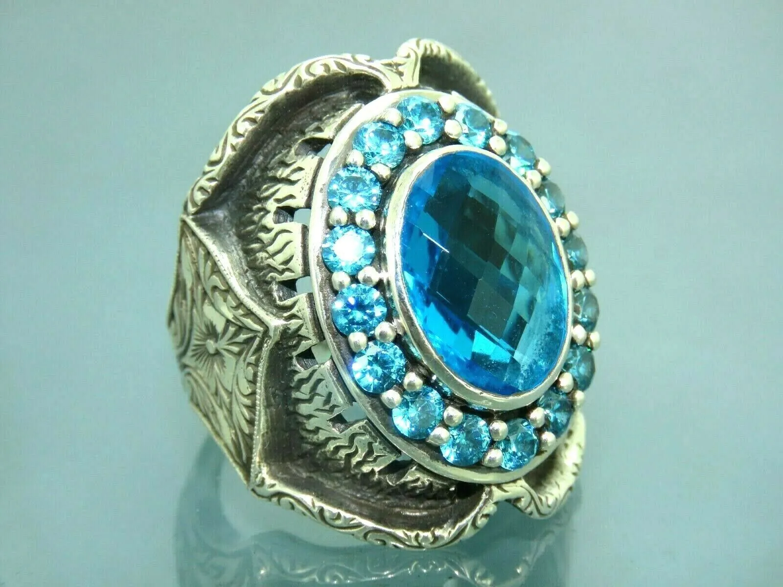 Turkish Handmade Jewelry 925 Sterling Silver Aquamarine Stone Mens Rings