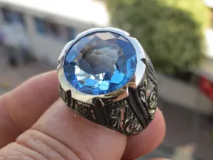 Turkish Handmade Jewelry 925 Sterling Silver Aquamarine Stone Mens Rings