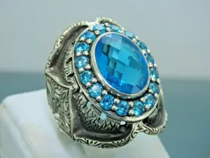 Turkish Handmade Jewelry 925 Sterling Silver Aquamarine Stone Mens Rings