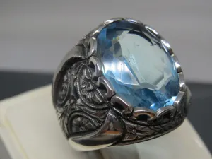 Turkish Handmade Jewelry 925 Sterling Silver Aquamarine Stone Mens Rings