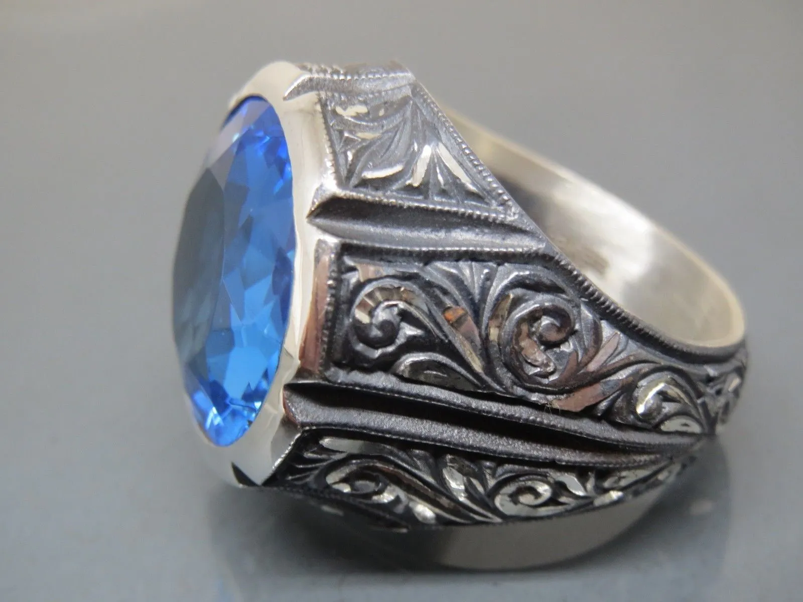 Turkish Handmade Jewelry 925 Sterling Silver Aquamarine Stone Mens Rings
