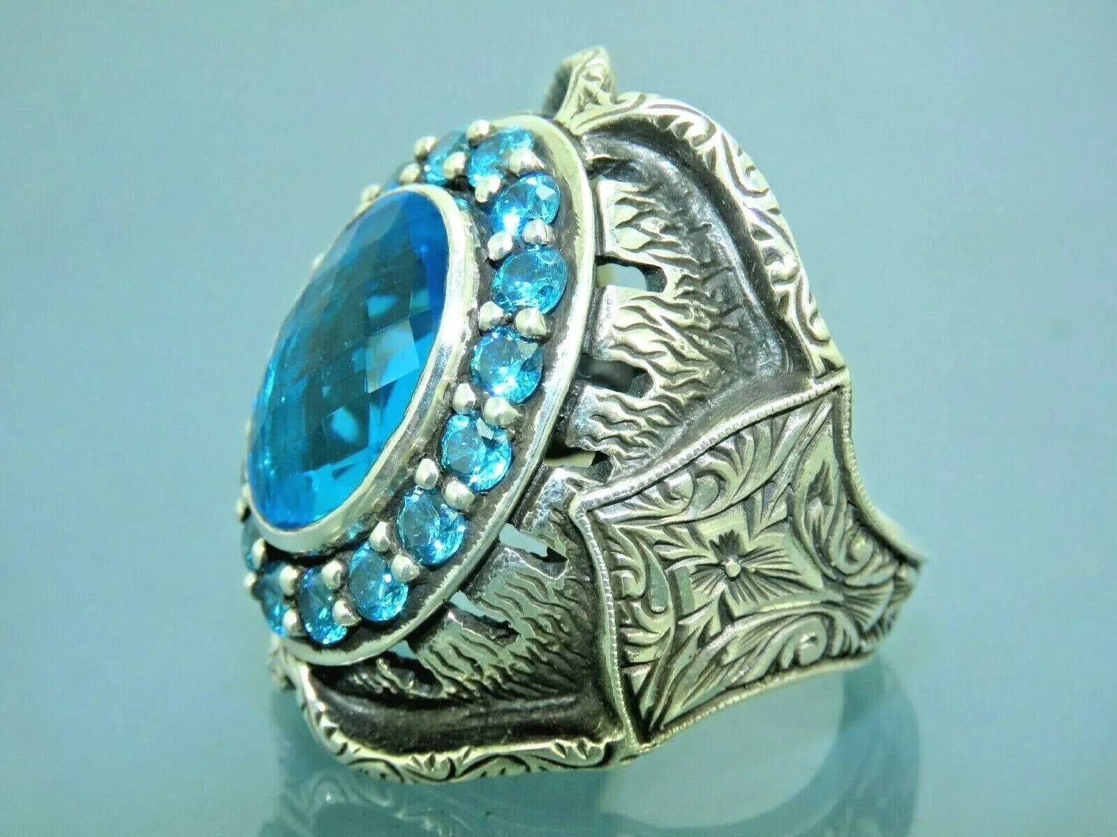 Turkish Handmade Jewelry 925 Sterling Silver Aquamarine Stone Mens Rings