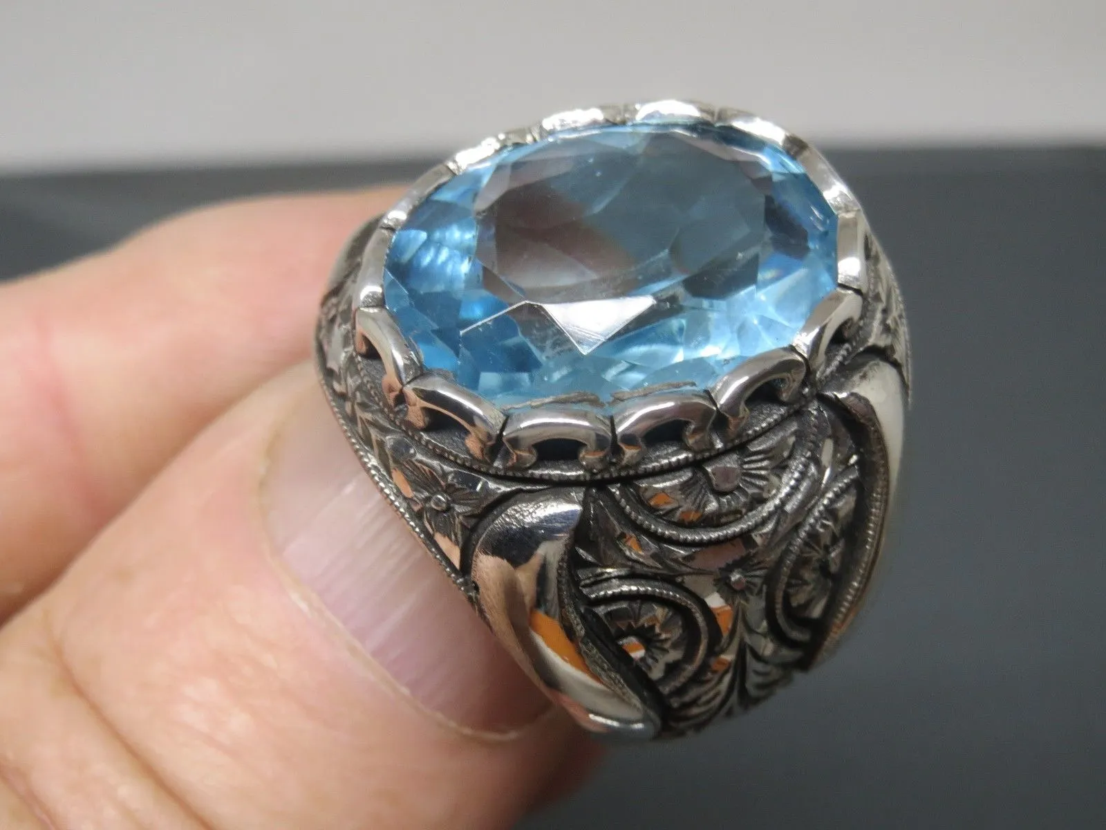 Turkish Handmade Jewelry 925 Sterling Silver Aquamarine Stone Mens Rings