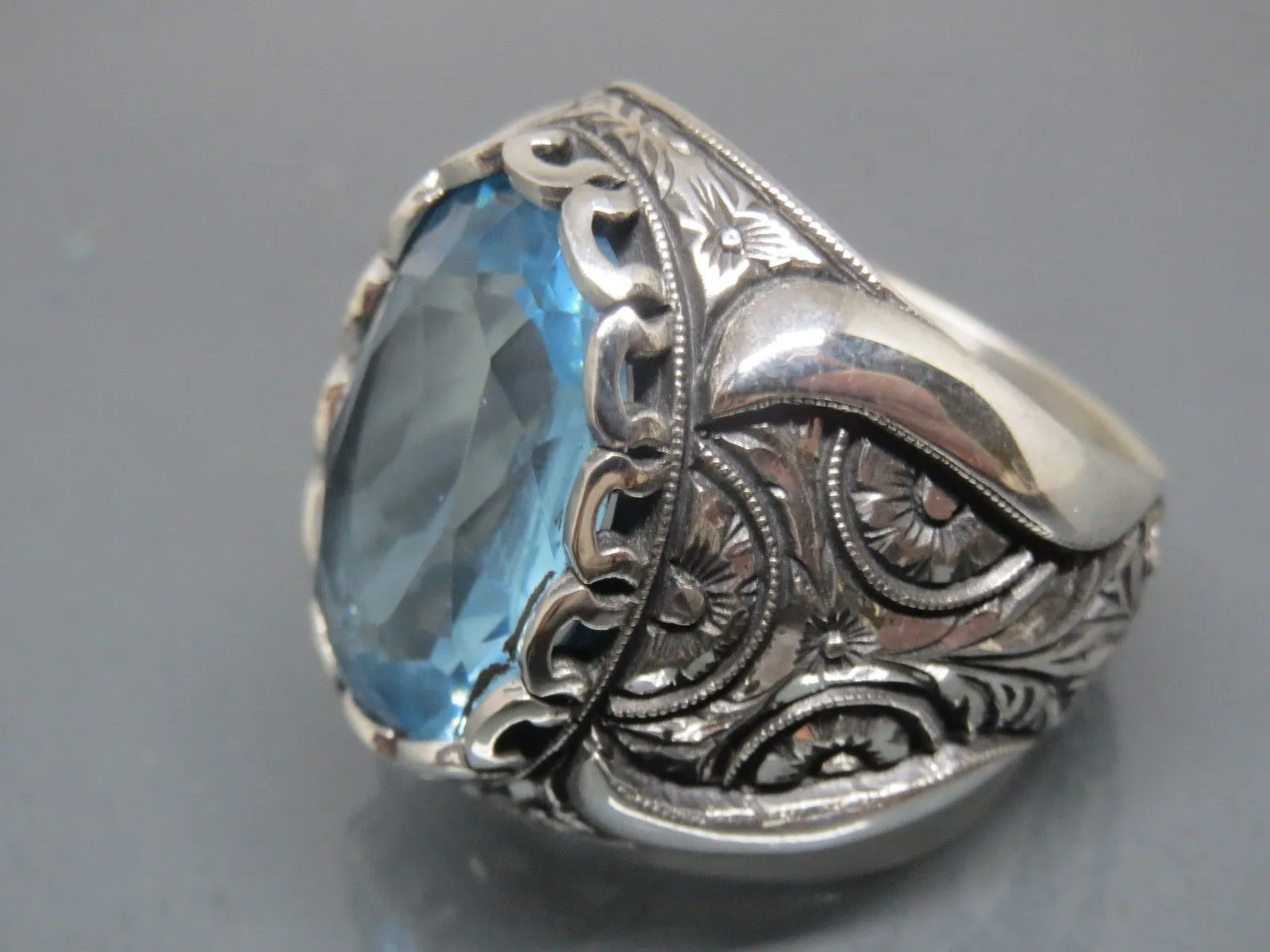 Turkish Handmade Jewelry 925 Sterling Silver Aquamarine Stone Mens Rings