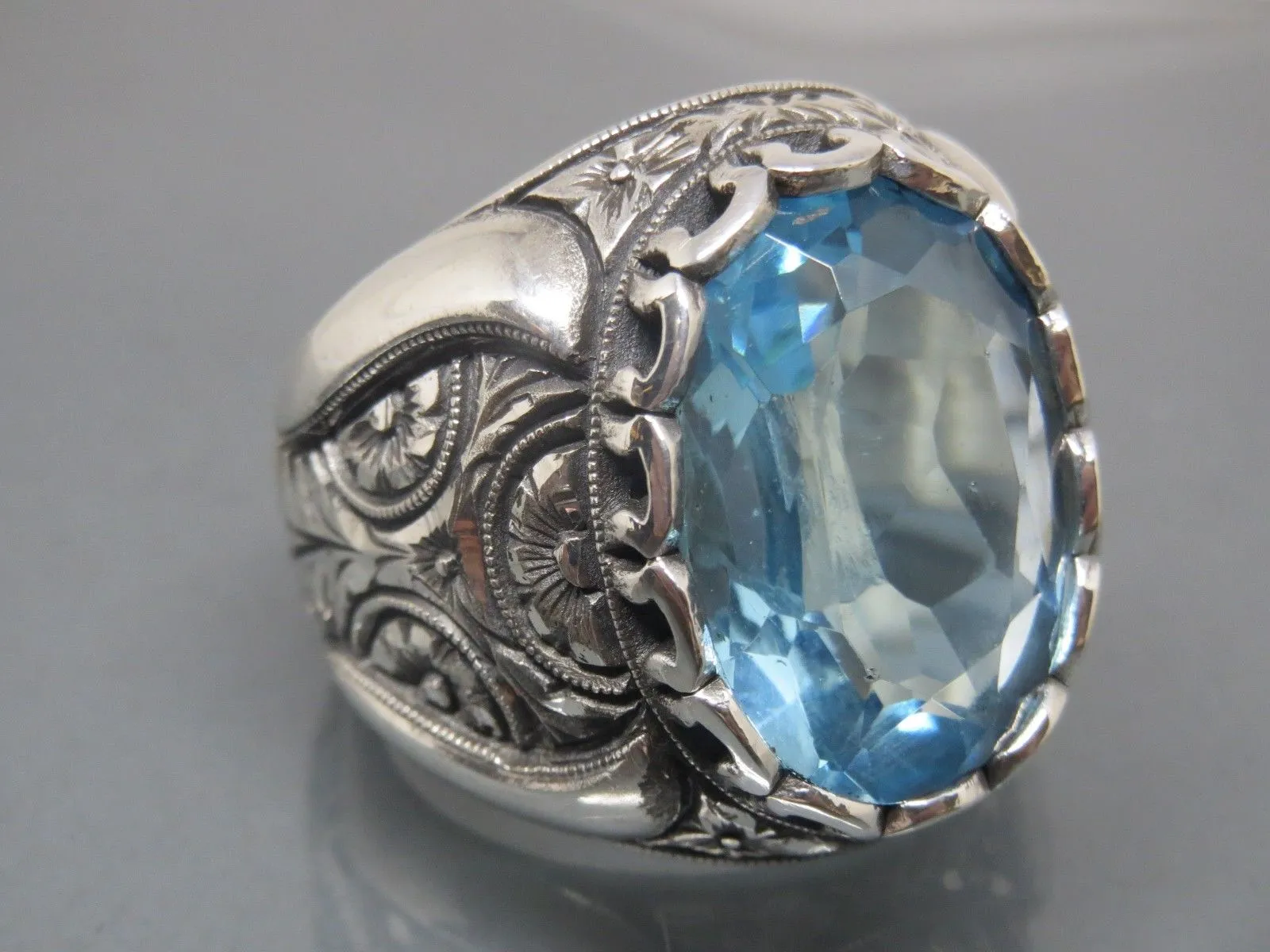 Turkish Handmade Jewelry 925 Sterling Silver Aquamarine Stone Mens Rings