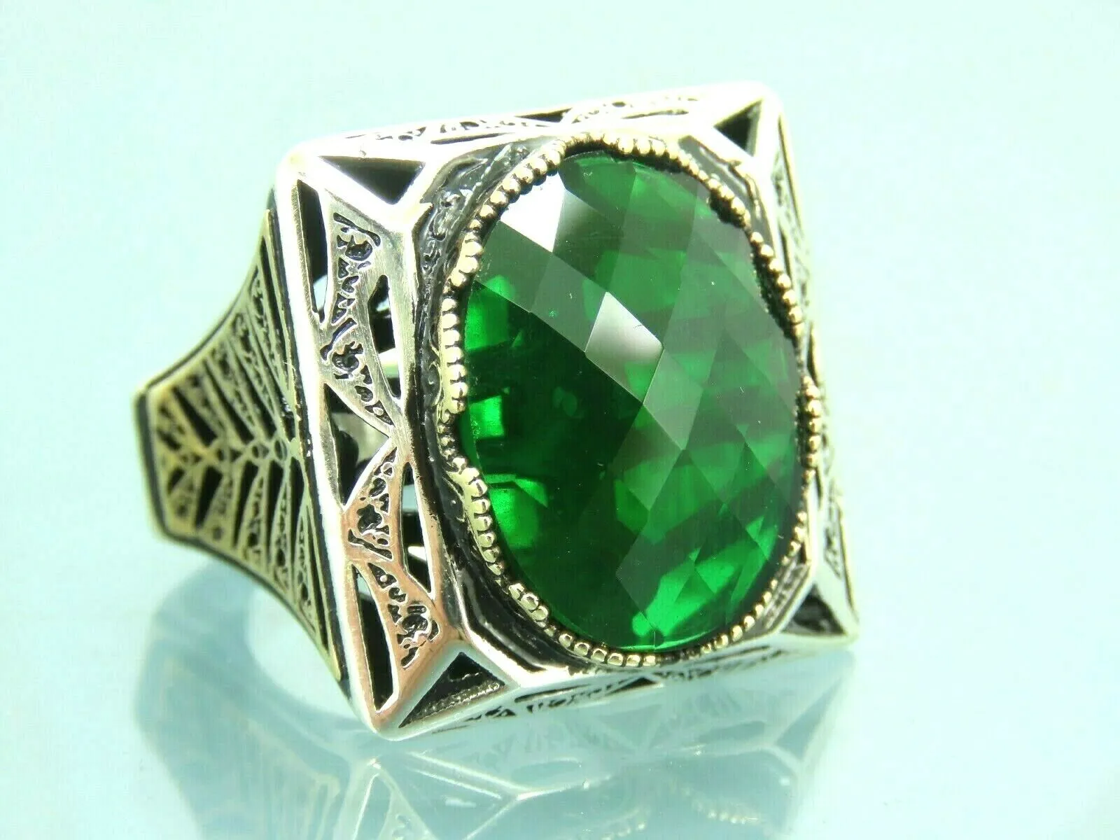 Turkish Handmade Jewelry 925 Sterling Silver Emerald Stone Mens Rings