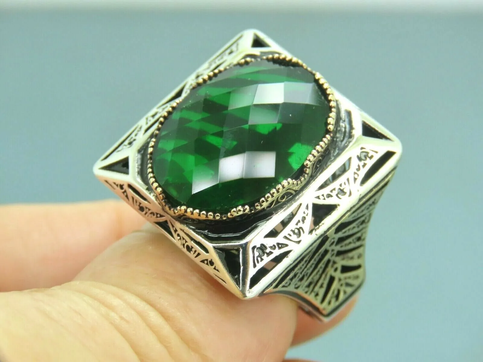 Turkish Handmade Jewelry 925 Sterling Silver Emerald Stone Mens Rings