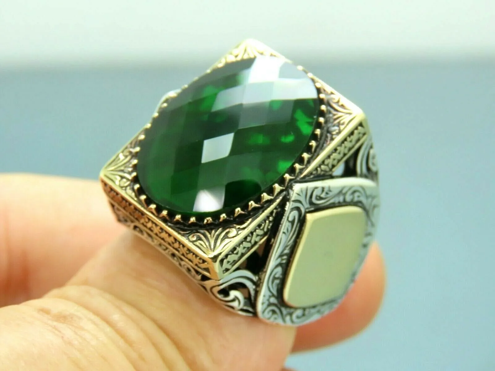 Turkish Handmade Jewelry 925 Sterling Silver Emerald Stone Mens Rings