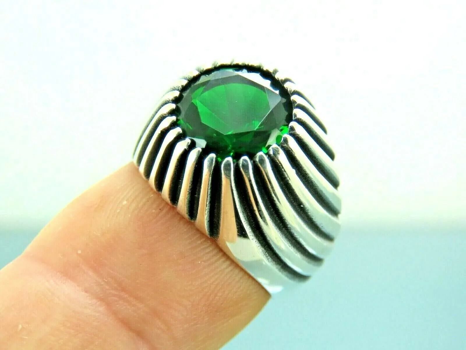 Turkish Handmade Jewelry 925 Sterling Silver Emerald Stone Mens Rings
