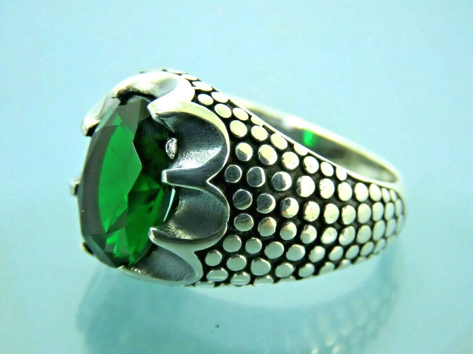 Turkish Handmade Jewelry 925 Sterling Silver Emerald Stone Mens Rings