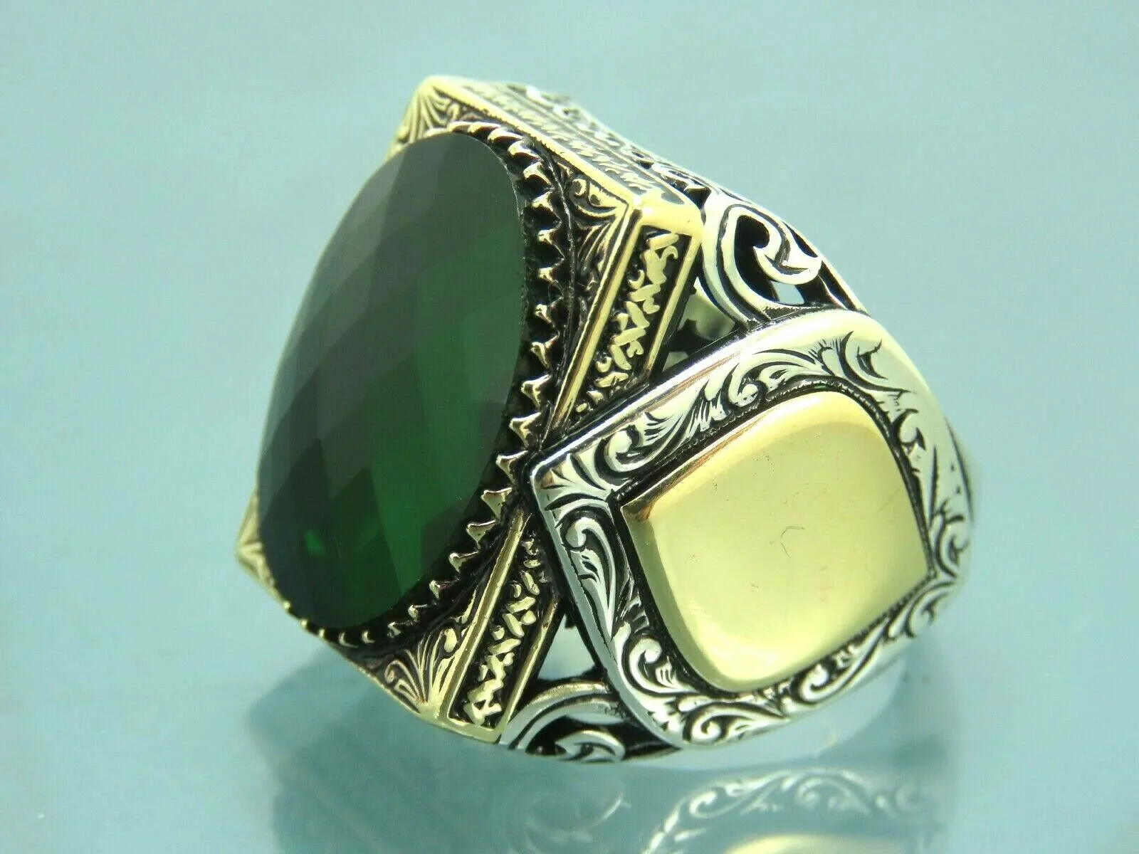 Turkish Handmade Jewelry 925 Sterling Silver Emerald Stone Mens Rings