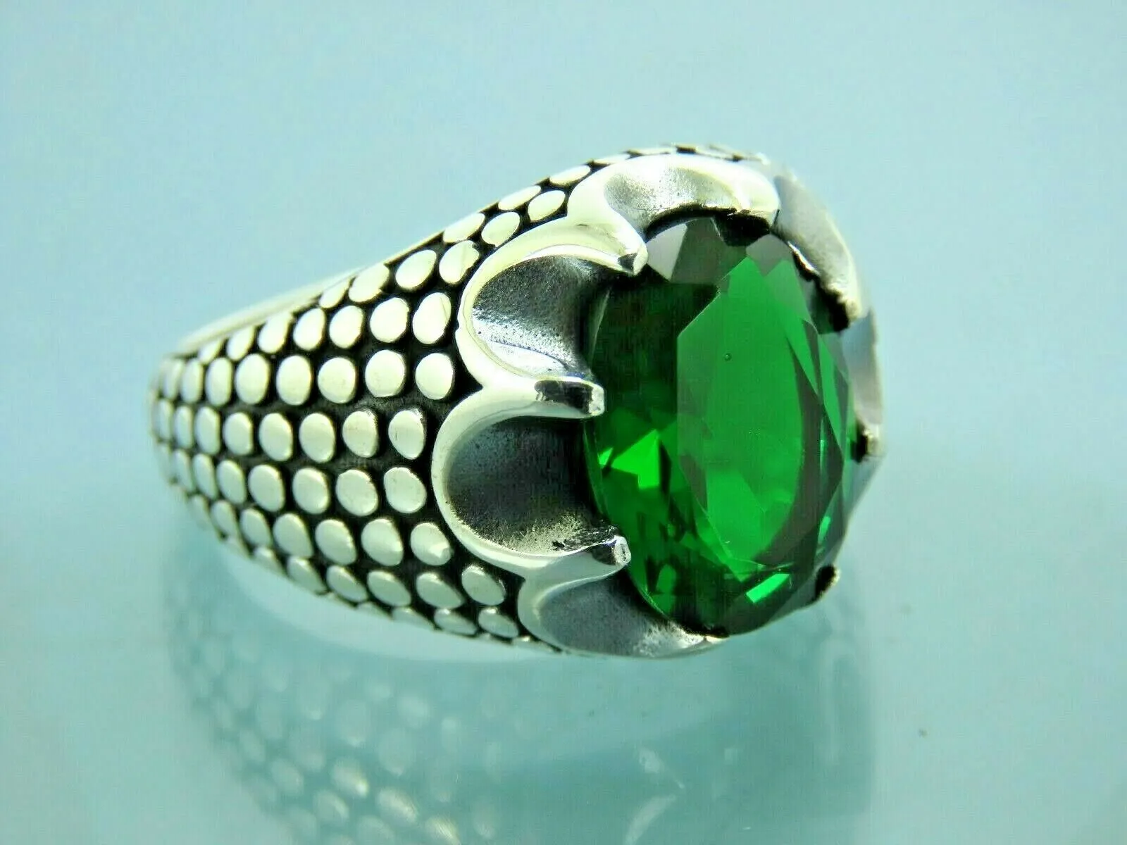 Turkish Handmade Jewelry 925 Sterling Silver Emerald Stone Mens Rings