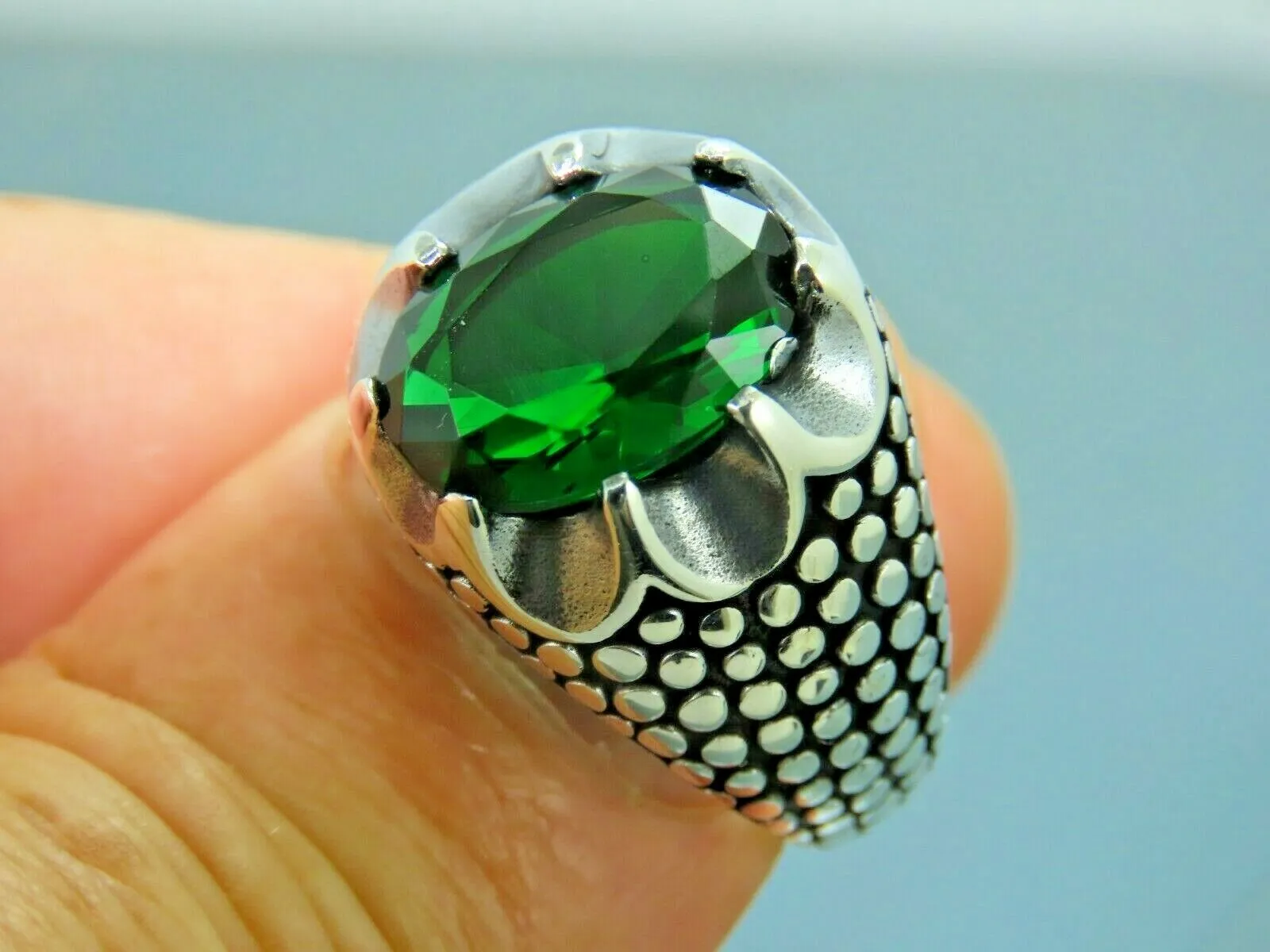Turkish Handmade Jewelry 925 Sterling Silver Emerald Stone Mens Rings