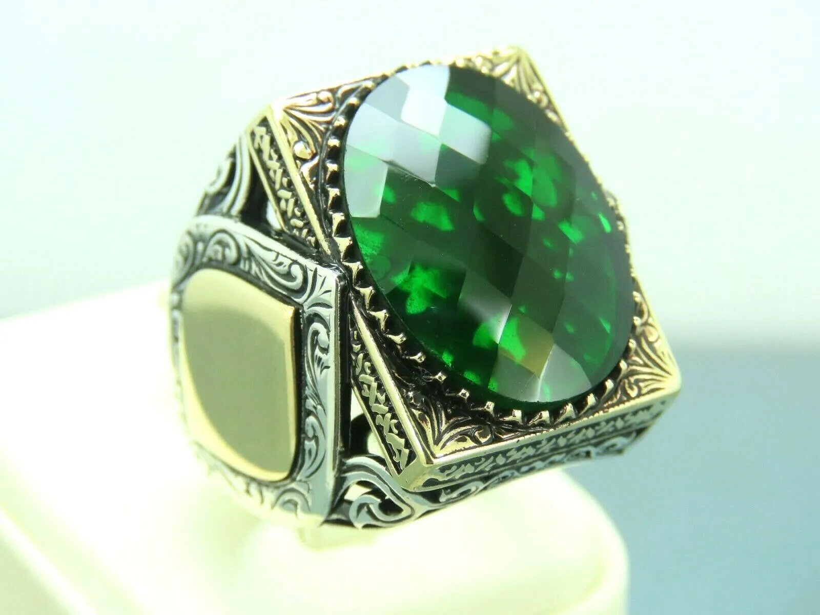 Turkish Handmade Jewelry 925 Sterling Silver Emerald Stone Mens Rings