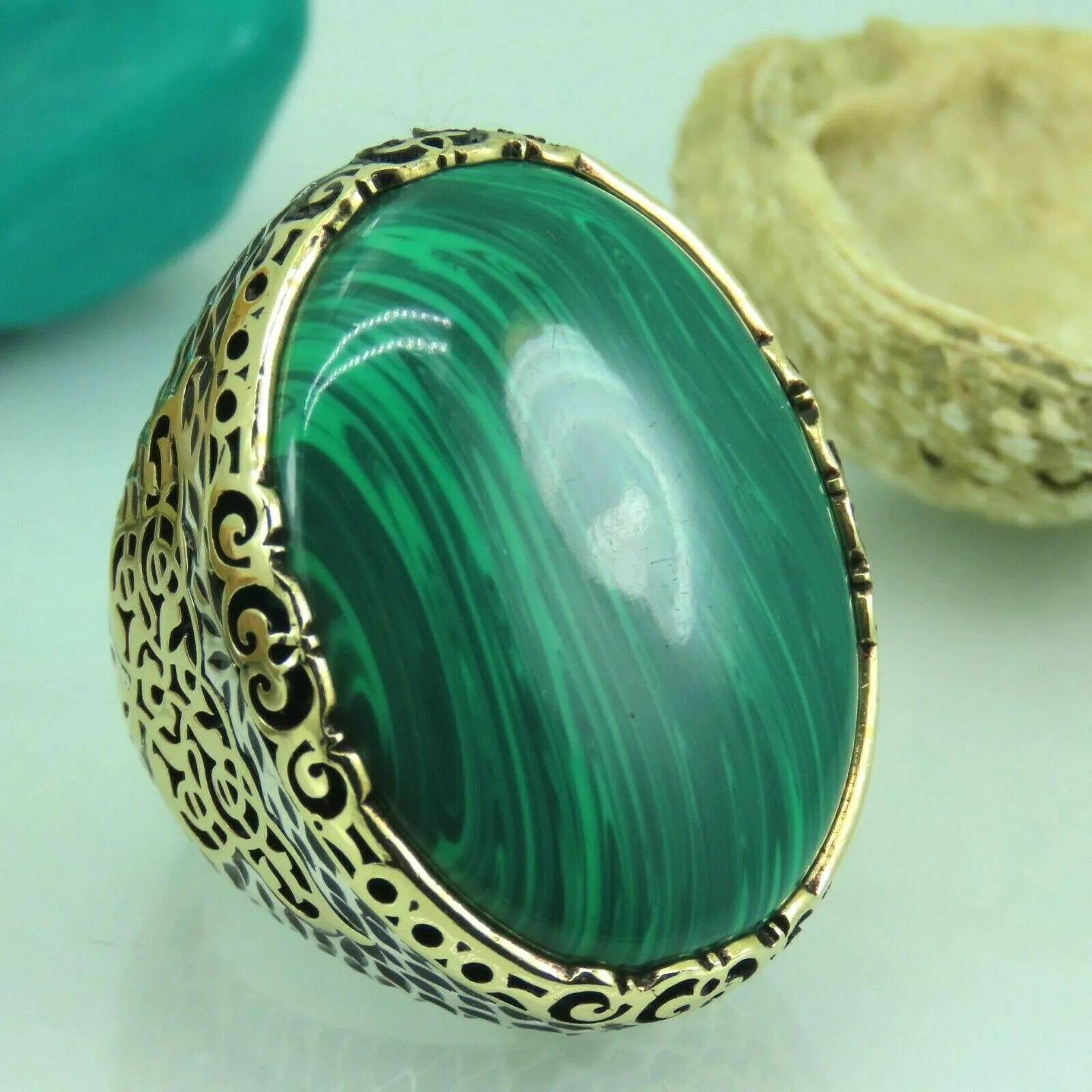 Turkish Handmade Jewelry 925 Sterling Silver Malachite Stone Men's Rings
