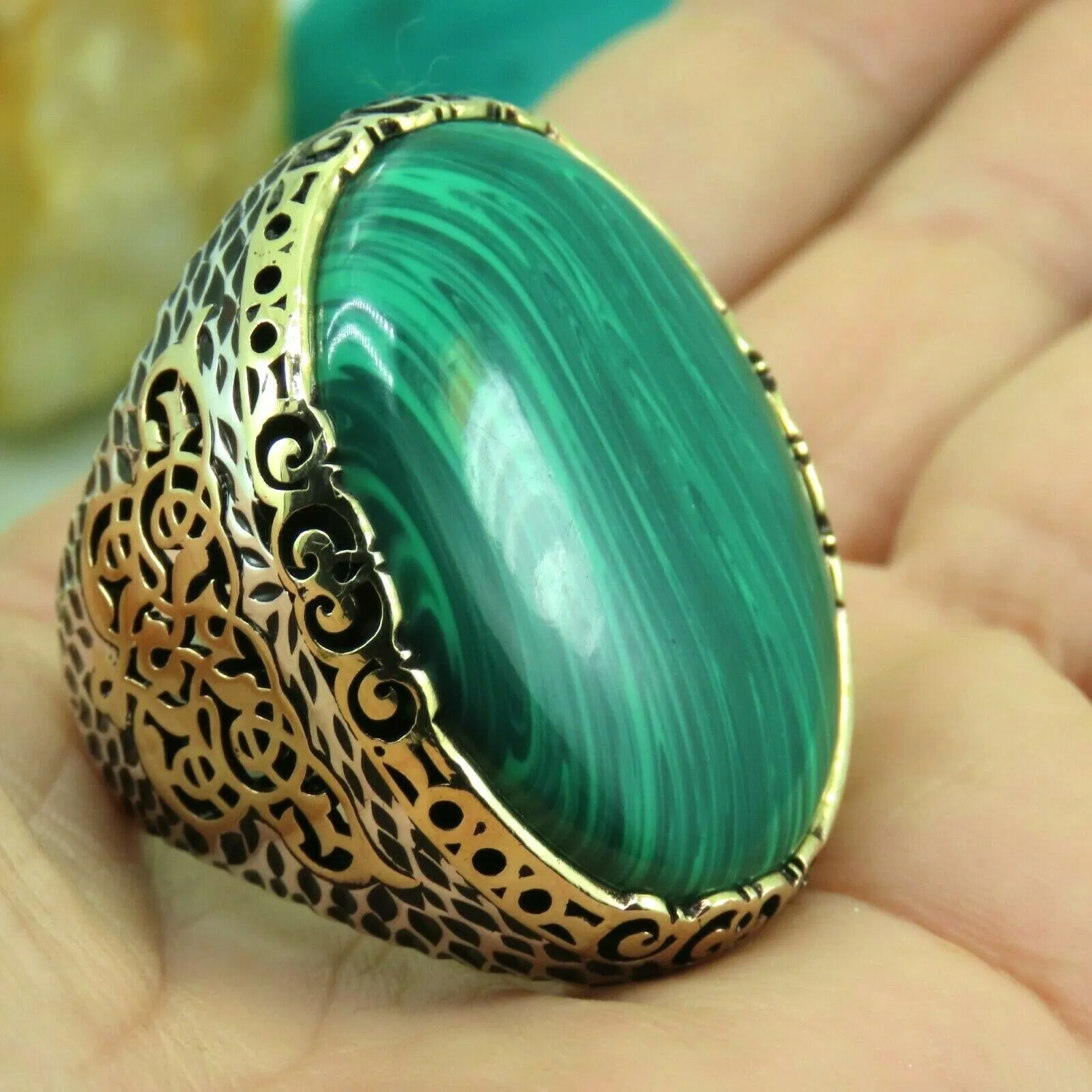 Turkish Handmade Jewelry 925 Sterling Silver Malachite Stone Men's Rings