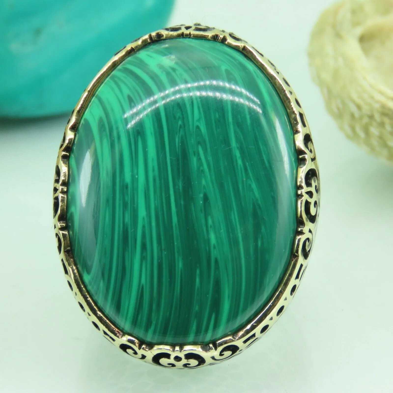Turkish Handmade Jewelry 925 Sterling Silver Malachite Stone Men's Rings