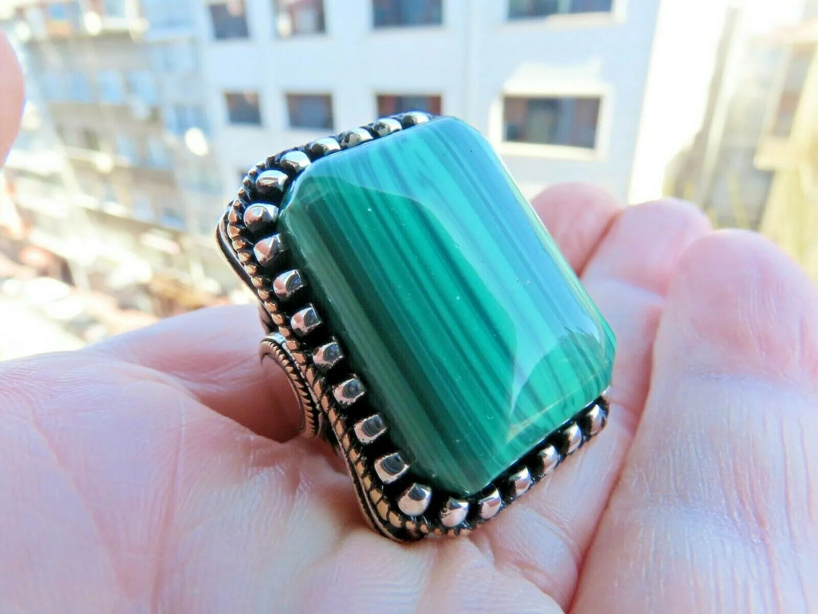 Turkish Handmade Jewelry 925 Sterling Silver Malachite Stone Men's Rings
