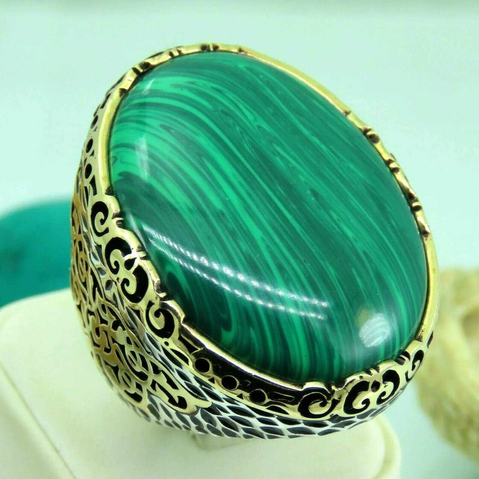Turkish Handmade Jewelry 925 Sterling Silver Malachite Stone Men's Rings