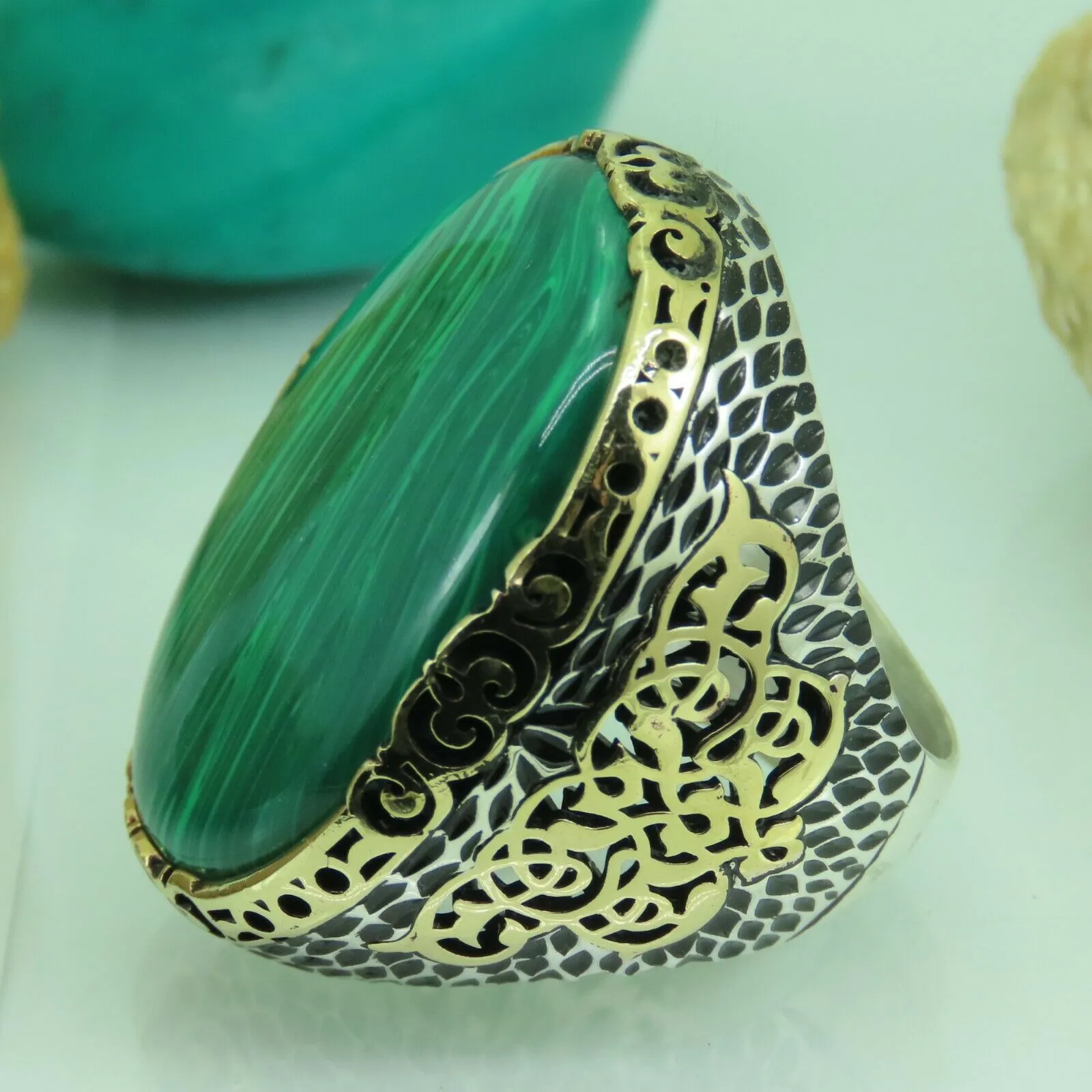 Turkish Handmade Jewelry 925 Sterling Silver Malachite Stone Men's Rings