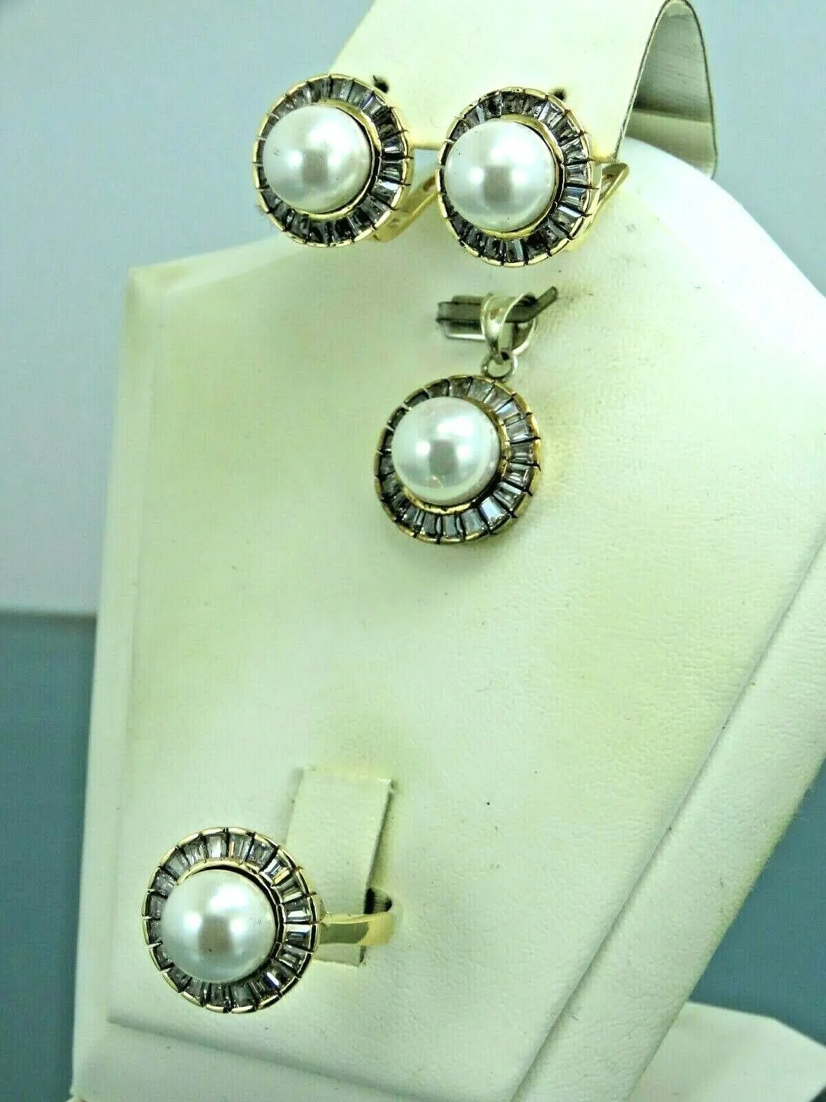 Turkish Handmade Jewelry 925 Sterling Silver Pearl Stone Women's Earrings, Pendant & Ring Jewelry Set