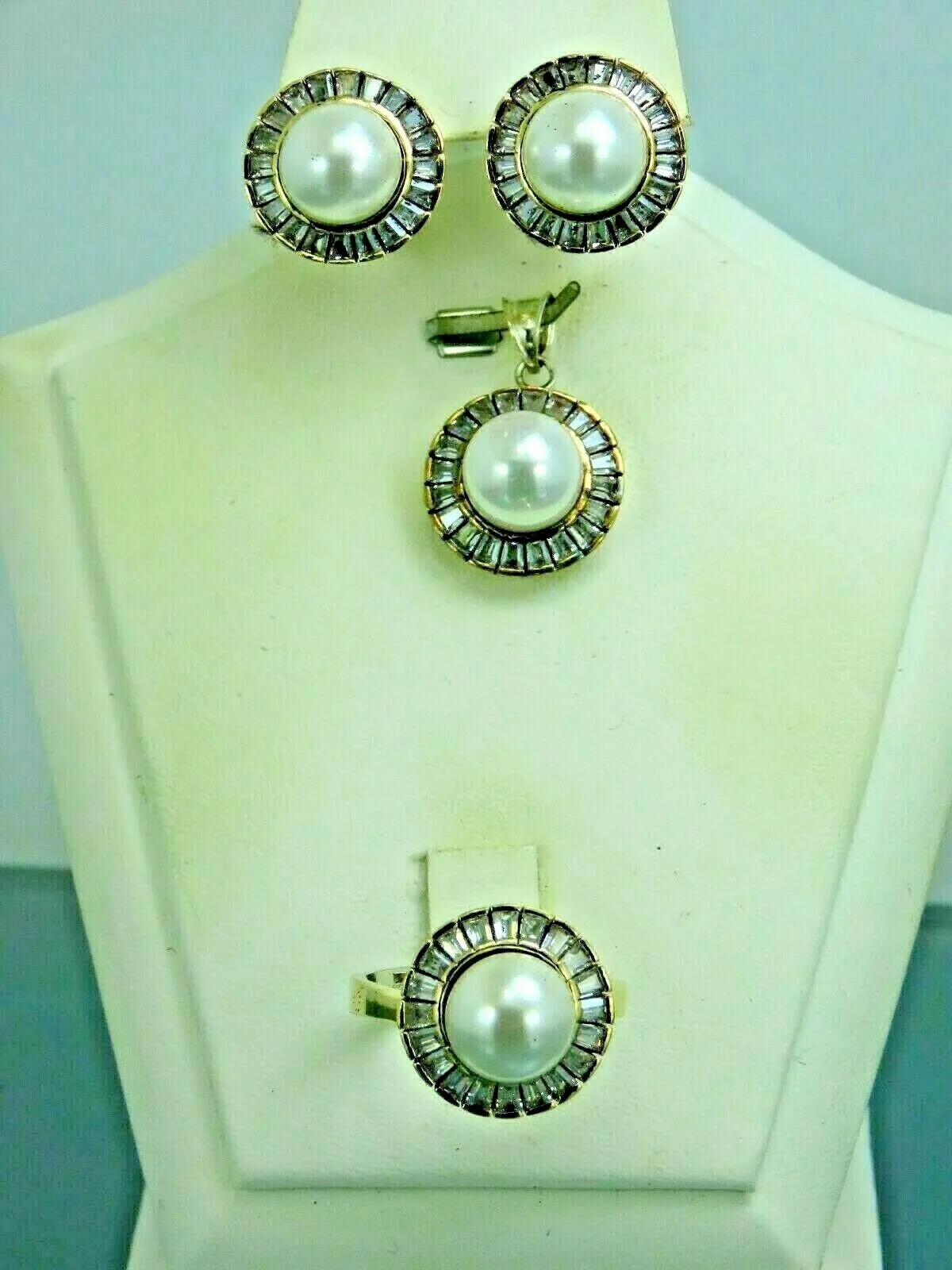 Turkish Handmade Jewelry 925 Sterling Silver Pearl Stone Women's Earrings, Pendant & Ring Jewelry Set