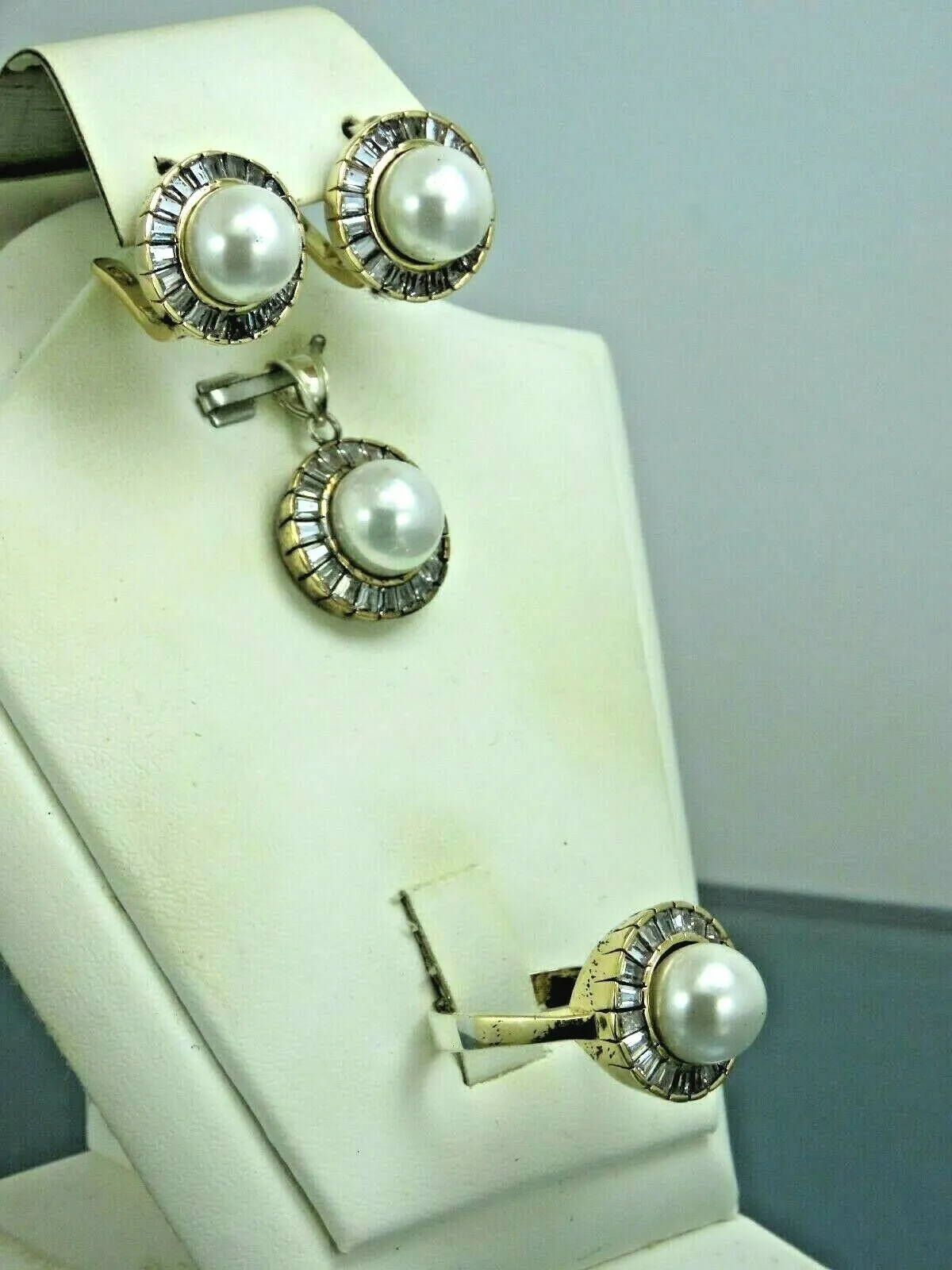 Turkish Handmade Jewelry 925 Sterling Silver Pearl Stone Women's Earrings, Pendant & Ring Jewelry Set