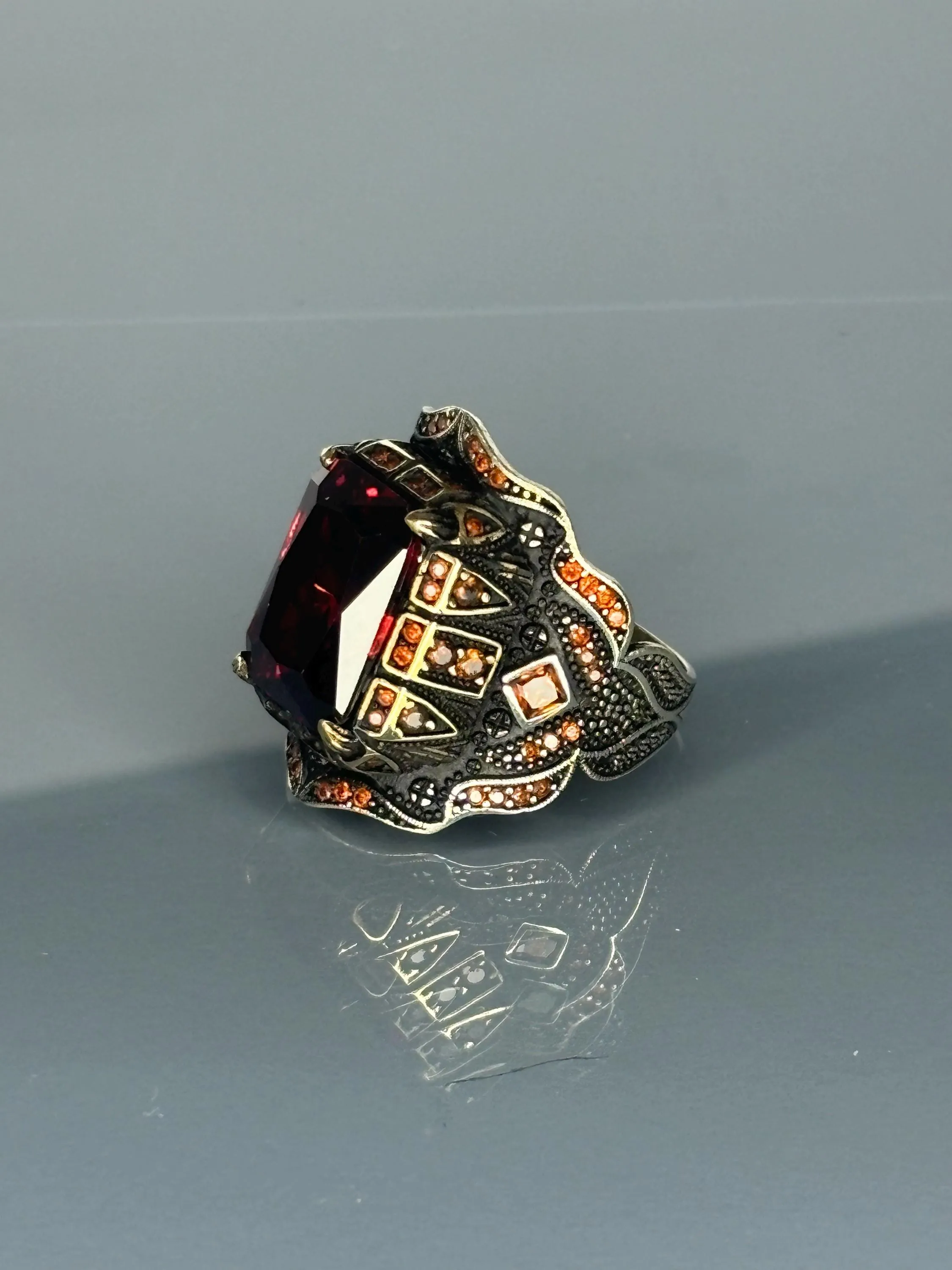 Turkish Handmade Jewelry 925 Sterling Silver Ruby Stone Turkic Design Mens Rings