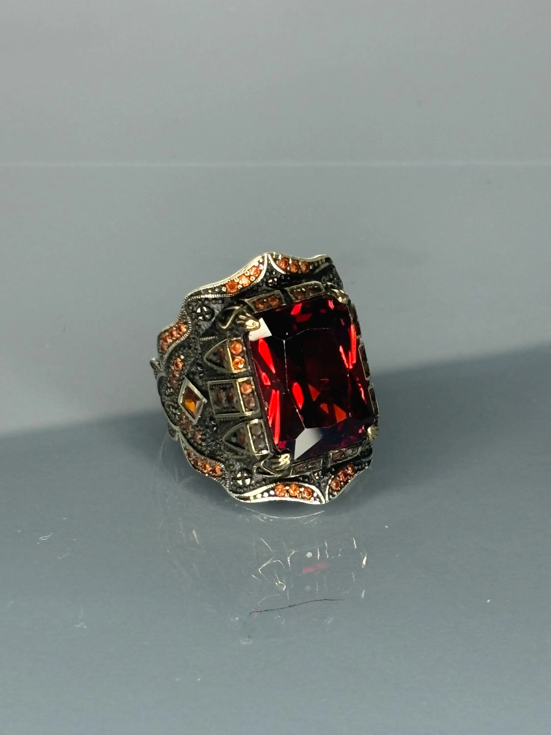 Turkish Handmade Jewelry 925 Sterling Silver Ruby Stone Turkic Design Mens Rings
