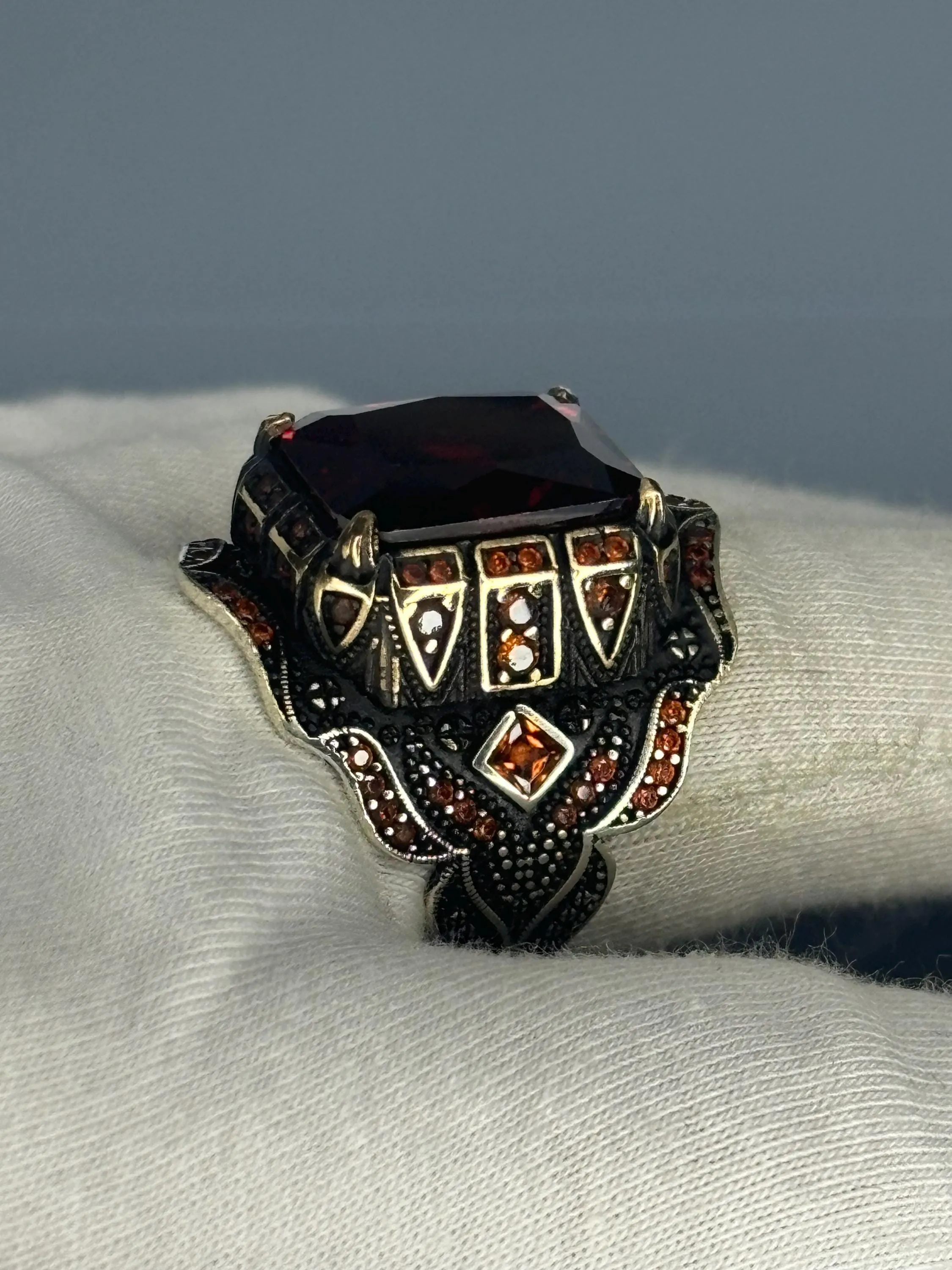 Turkish Handmade Jewelry 925 Sterling Silver Ruby Stone Turkic Design Mens Rings