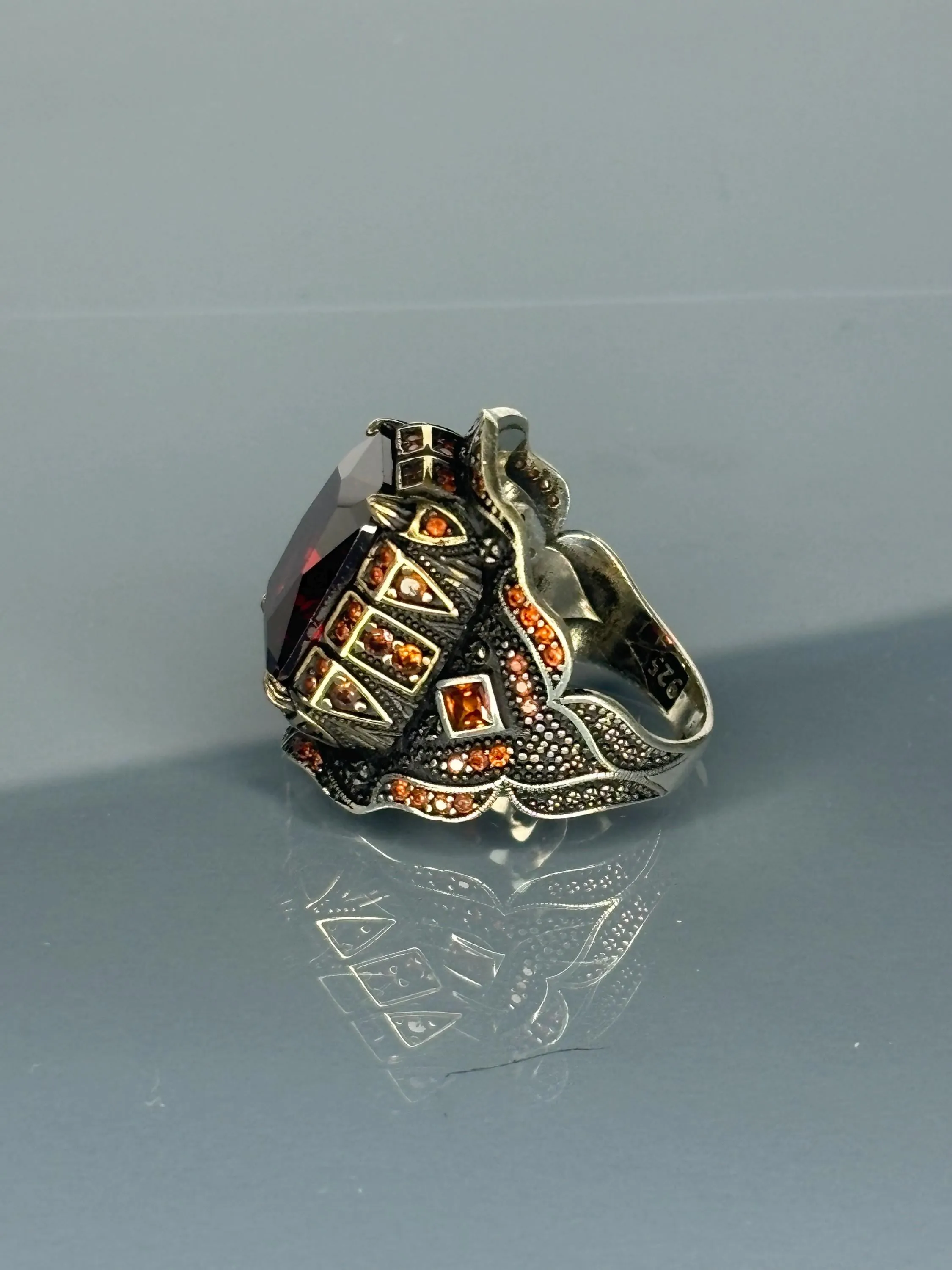Turkish Handmade Jewelry 925 Sterling Silver Ruby Stone Turkic Design Mens Rings