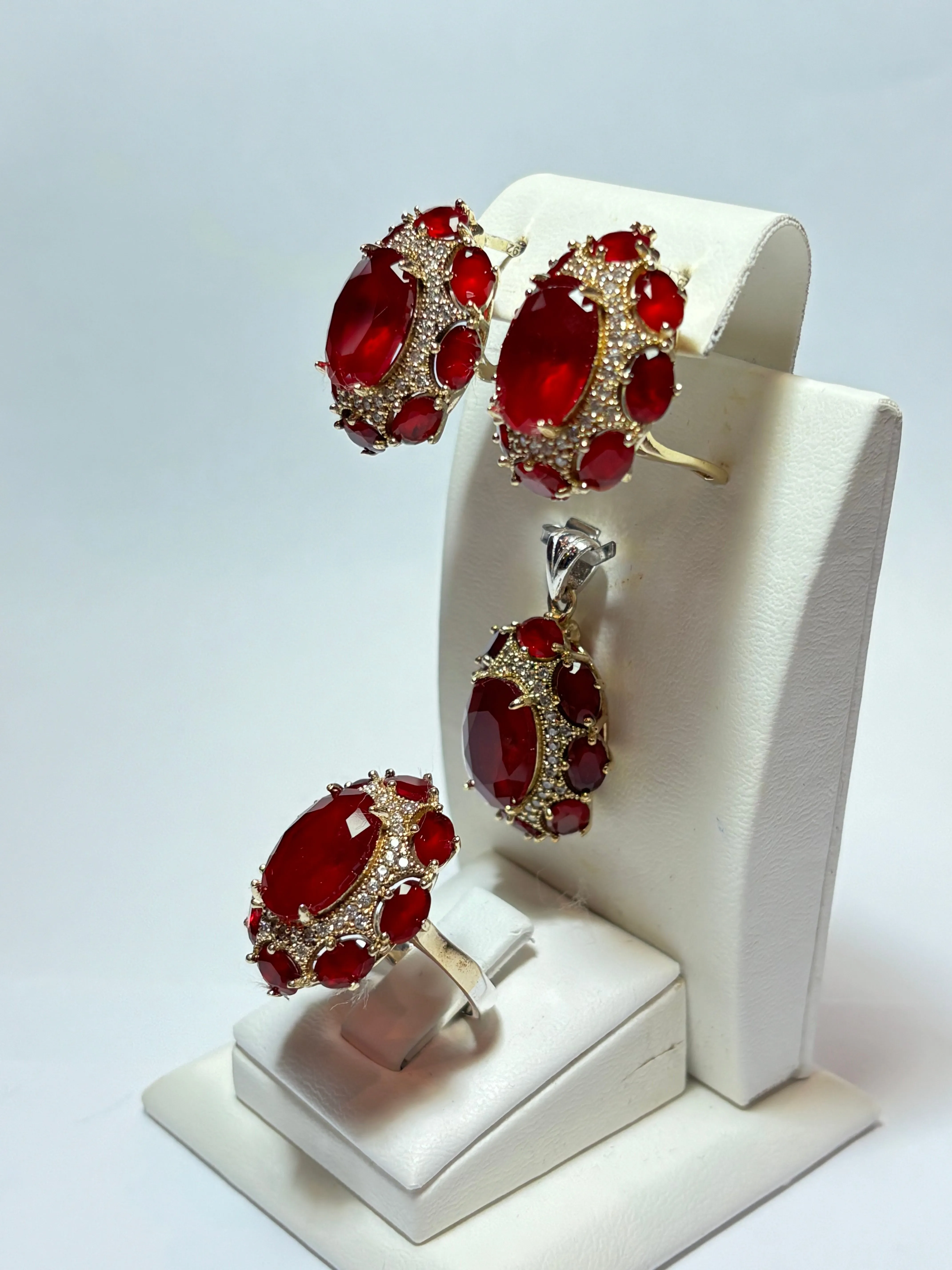 Turkish Handmade Jewelry 925 Sterling Silver Ruby Stone Women's Earrings & Ring Jewelry Set