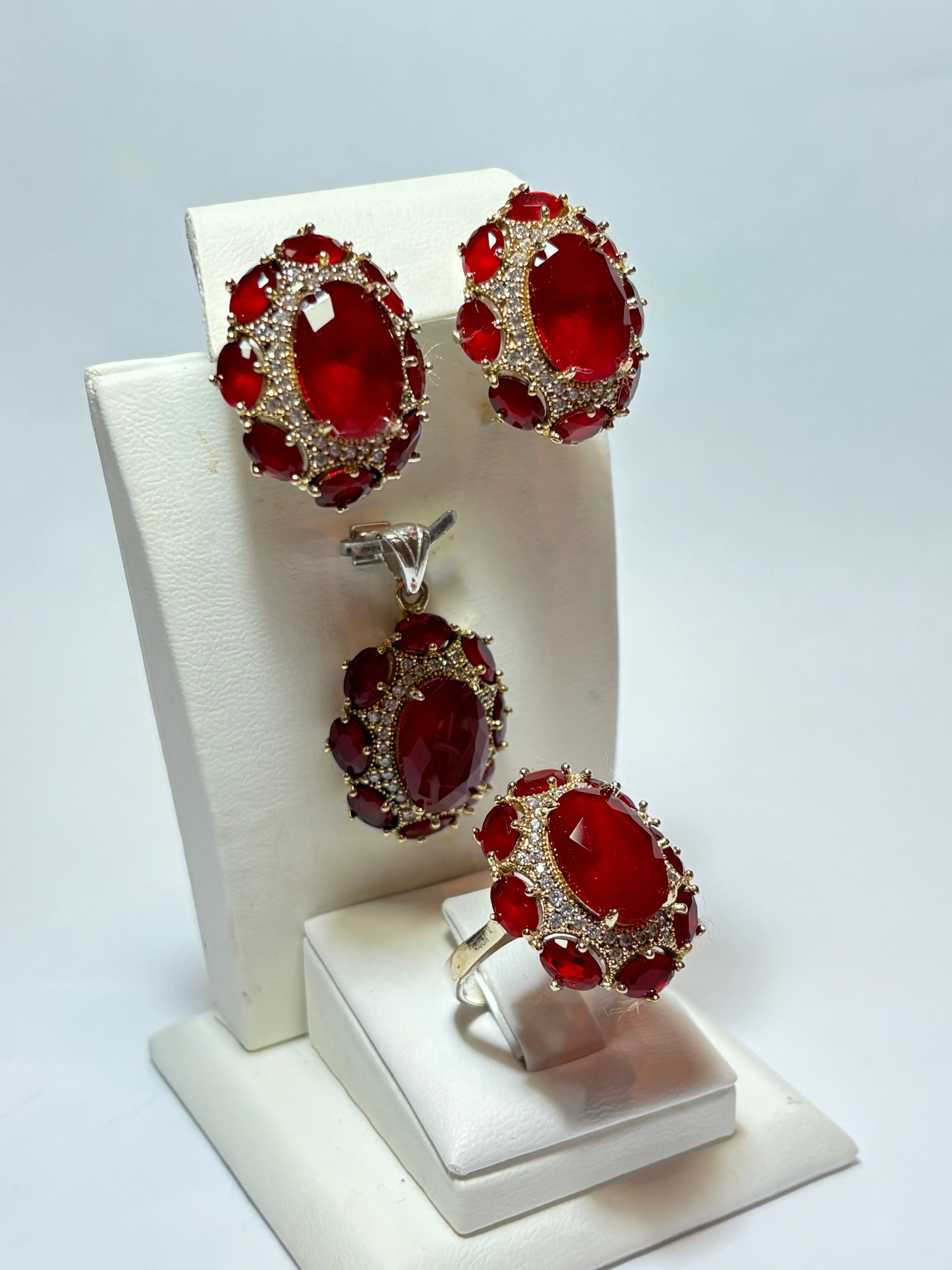 Turkish Handmade Jewelry 925 Sterling Silver Ruby Stone Women's Earrings & Ring Jewelry Set