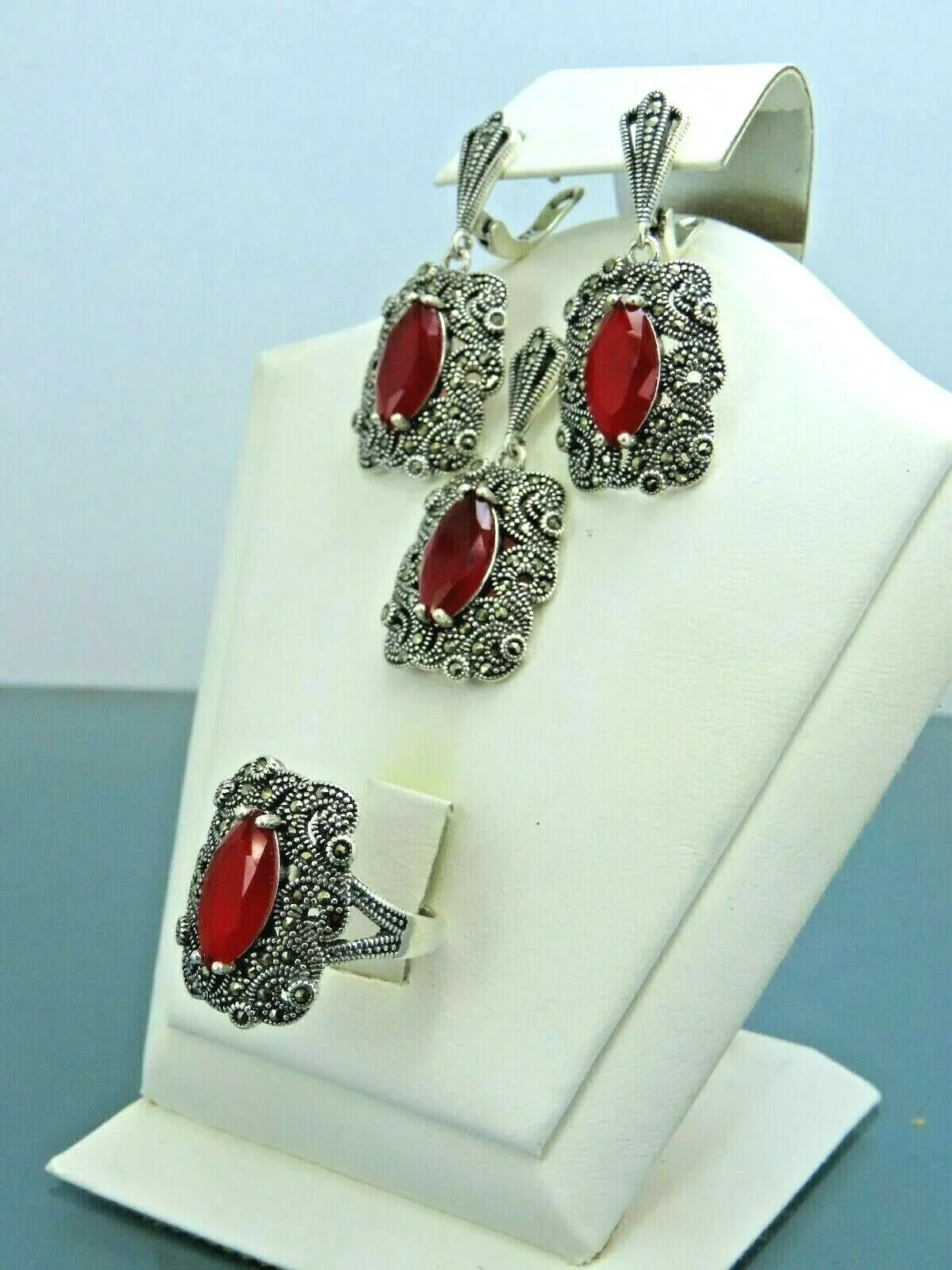 Turkish Handmade Jewelry 925 Sterling Silver Ruby Stone Women's Earrings, Pendant & Ring Jewelry Set
