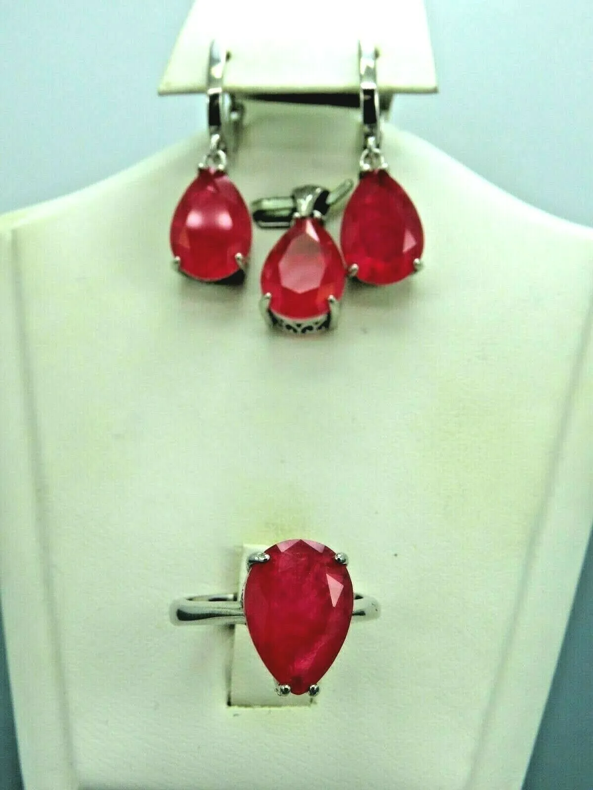 Turkish Handmade Jewelry 925 Sterling Silver Ruby Stone Women's Earrings, Pendant & Ring Jewelry Set