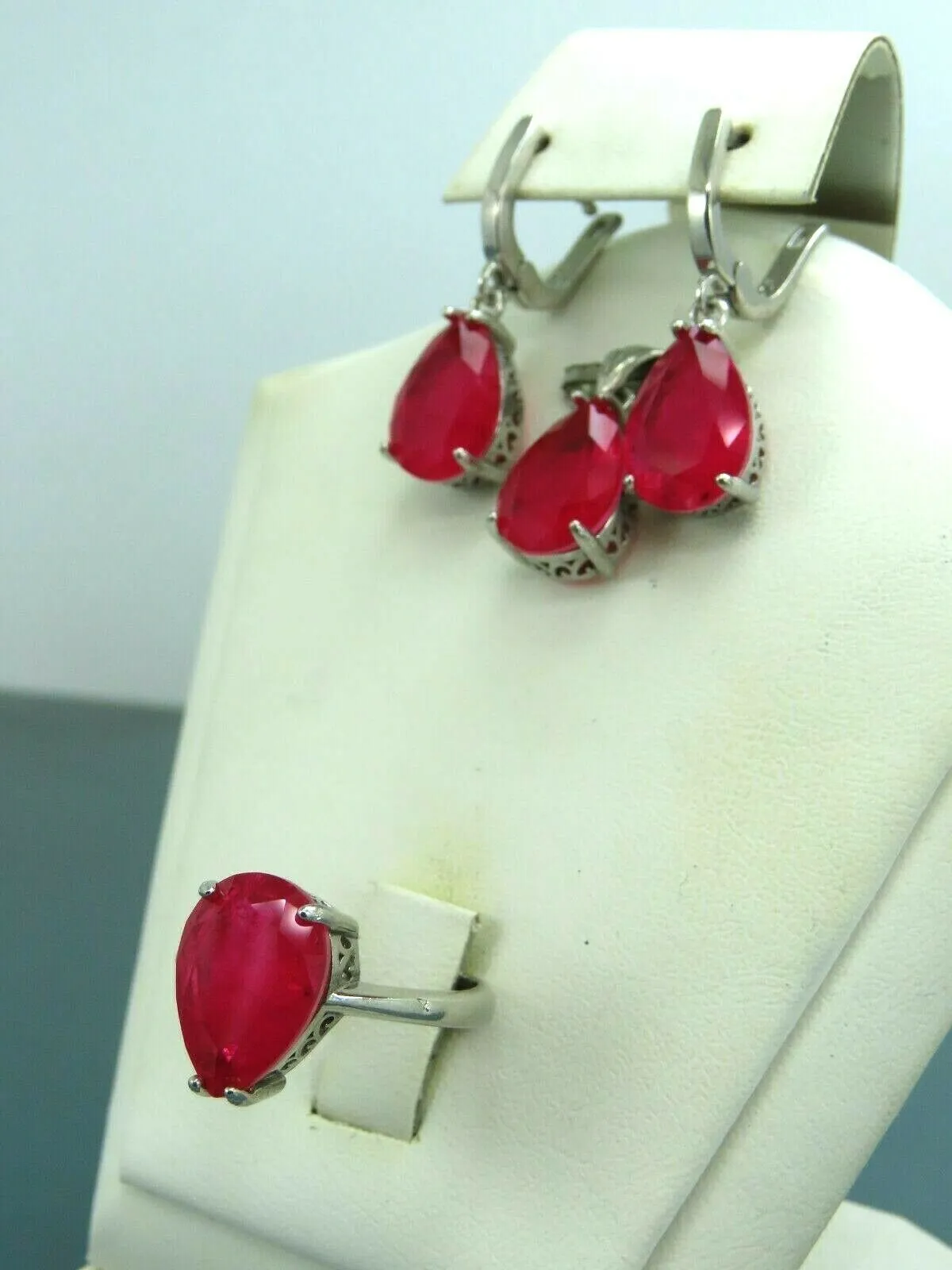 Turkish Handmade Jewelry 925 Sterling Silver Ruby Stone Women's Earrings, Pendant & Ring Jewelry Set