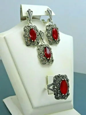 Turkish Handmade Jewelry 925 Sterling Silver Ruby Stone Women's Earrings, Pendant & Ring Jewelry Set