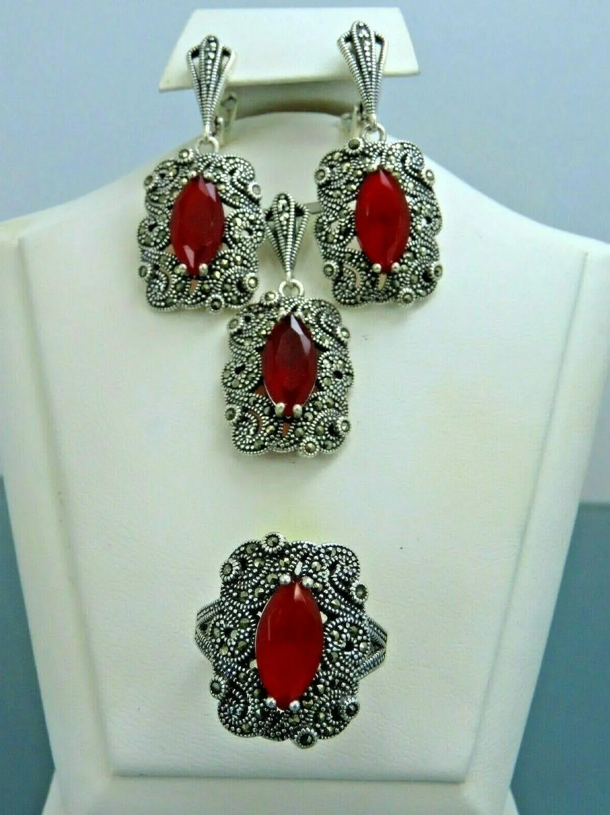 Turkish Handmade Jewelry 925 Sterling Silver Ruby Stone Women's Earrings, Pendant & Ring Jewelry Set