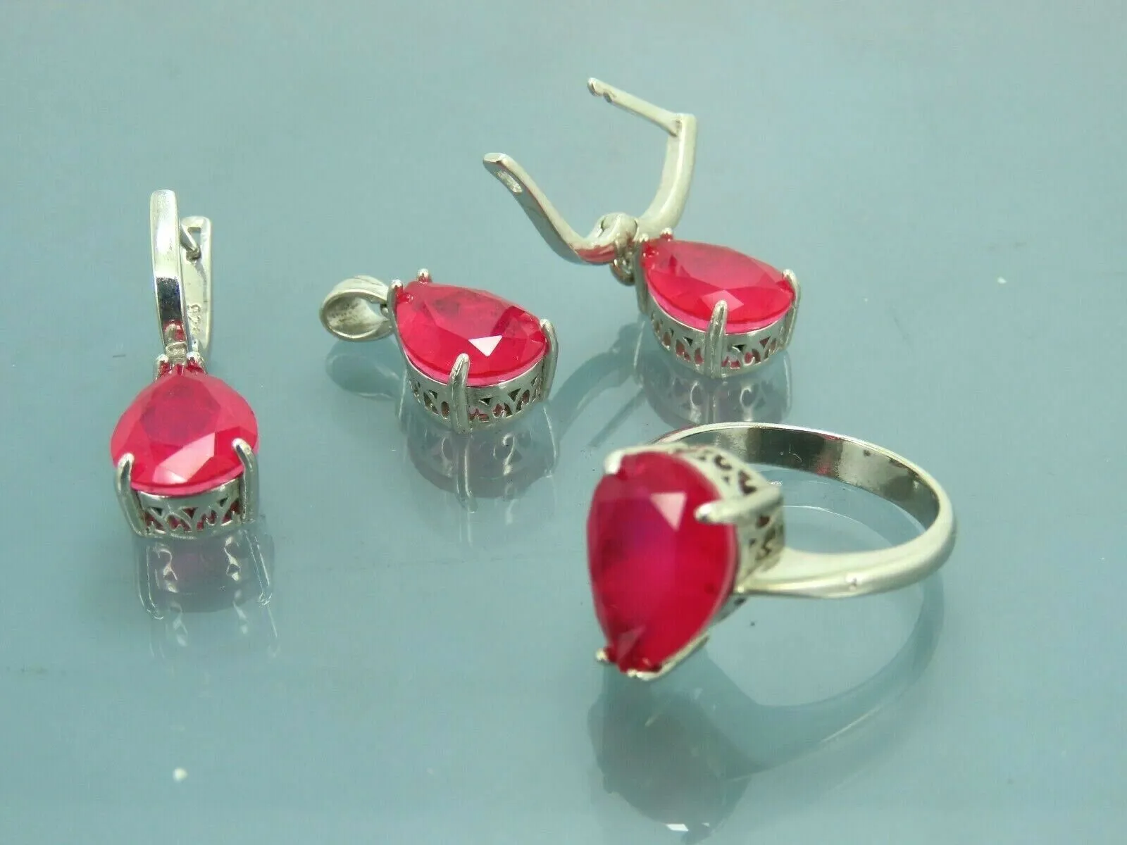 Turkish Handmade Jewelry 925 Sterling Silver Ruby Stone Women's Earrings, Pendant & Ring Jewelry Set