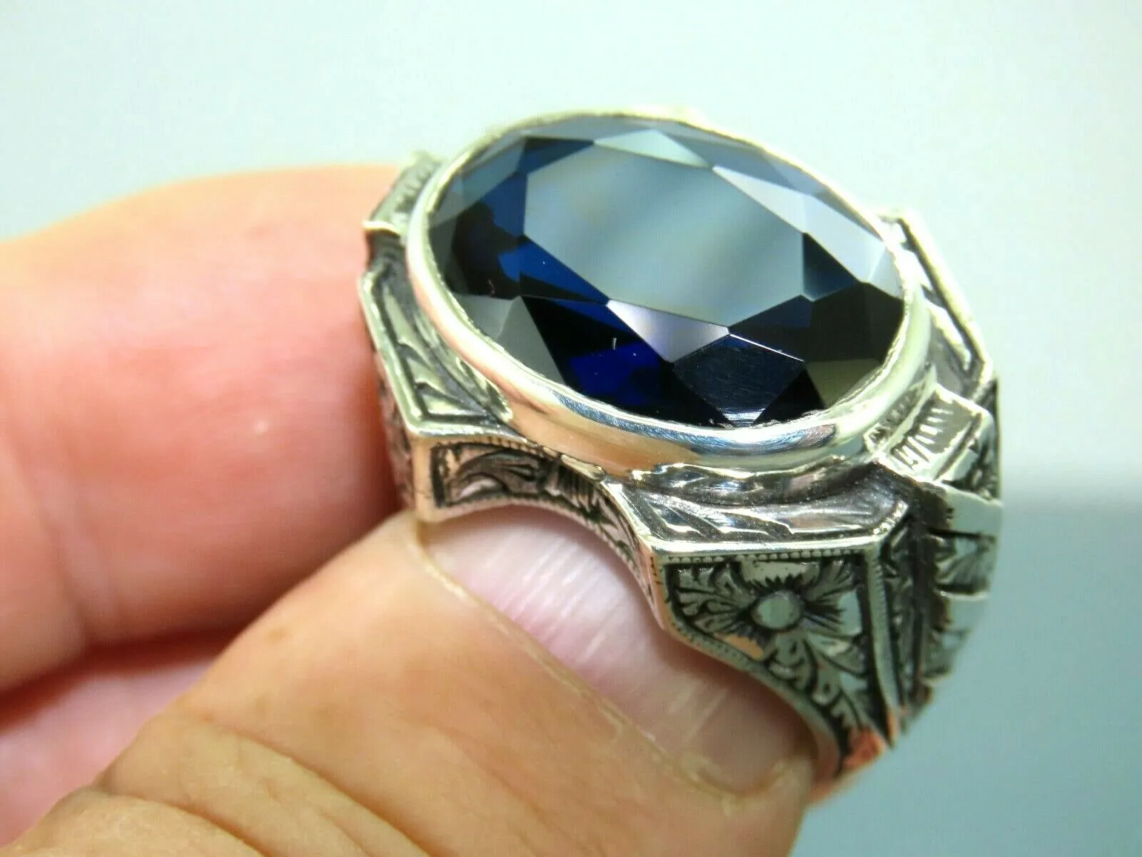 Turkish Handmade Jewelry 925 Sterling Silver Sapphire Stone Mens Rings