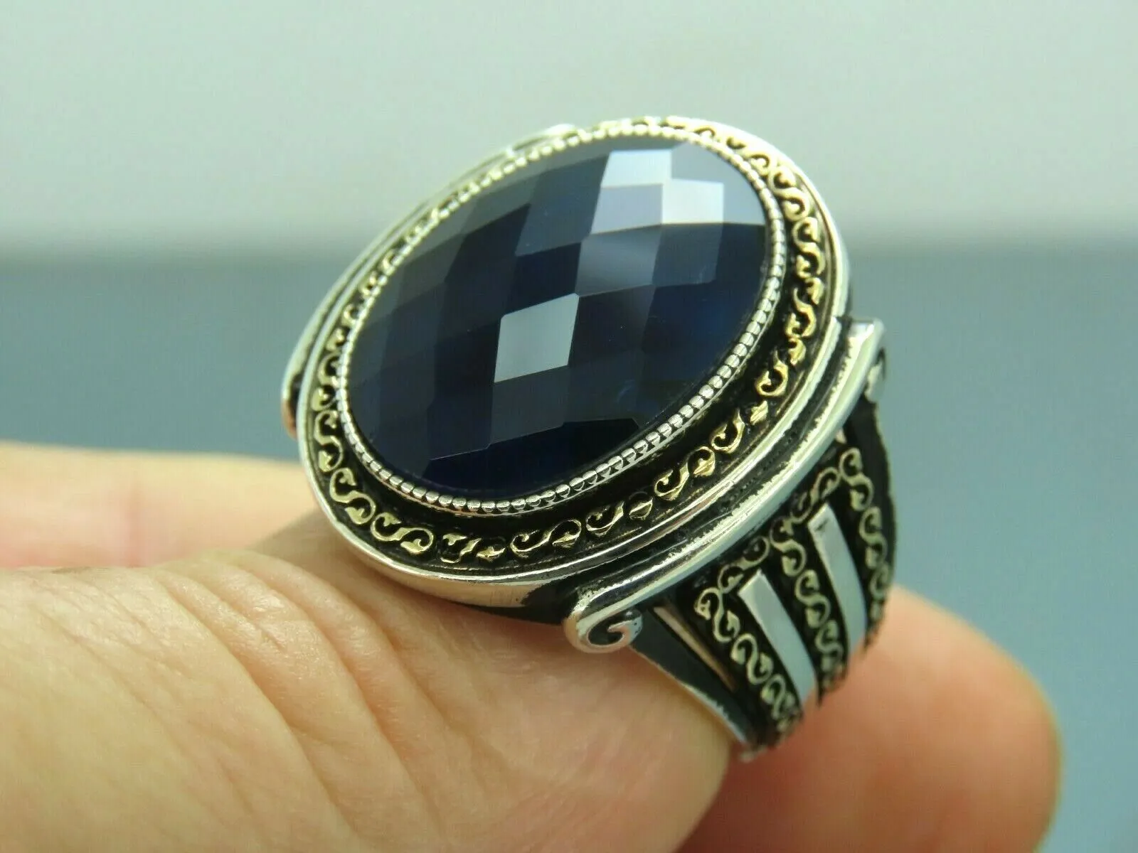Turkish Handmade Jewelry 925 Sterling Silver Sapphire Stone Mens Rings